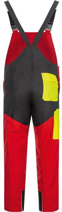 Rot-schwarze Latzhose mit Trägern, mit leuchtend gelben Taschen und Seitenbereichen, auf weißem Hintergrund dargestellt.