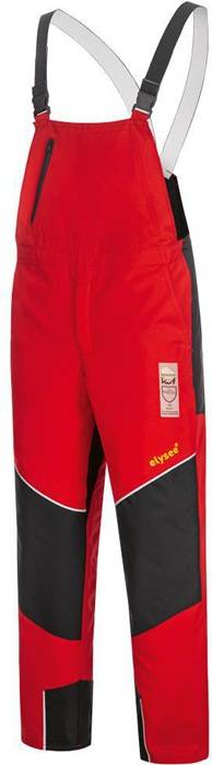Rote und schwarze Latzhosen mit Schultergurten und Knieflicken, gezeigt auf einem einfachen weißen Hintergrund.