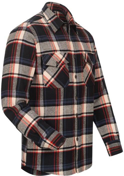 Kariertes Langarm-Buttondown-Hemd in Schwarz, Grau, Rot und Beige, gezeigt auf weißem Hintergrund.