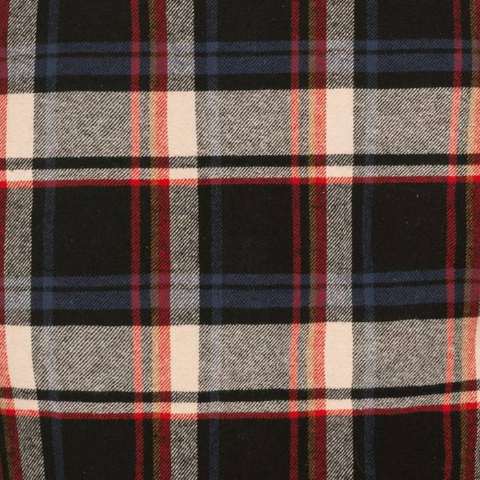 Nahaufnahme eines schwarzen, grauen, roten und blauen Karomuster-Stoffs.