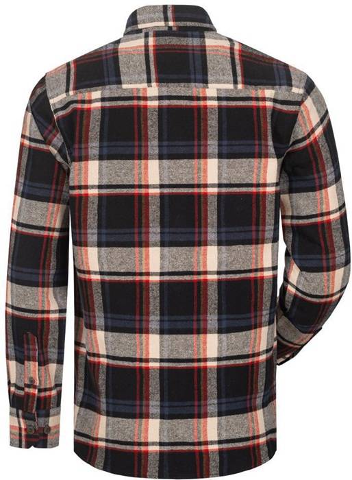 Rückansicht eines langärmeligen karierten Flanellhemds in Schwarz, Grau, Rot und Beige auf einem schlichten weißen Hintergrund.