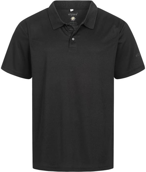 Schwarzes Kurzarm-Poloshirt mit Kragen und dreiknopfiger Knopfleiste, frontal auf weißem Hintergrund dargestellt.