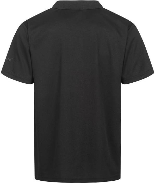 Rückenansicht eines schlichten schwarzen Poloshirts mit Kurzarm und Kragen auf weißem Hintergrund.