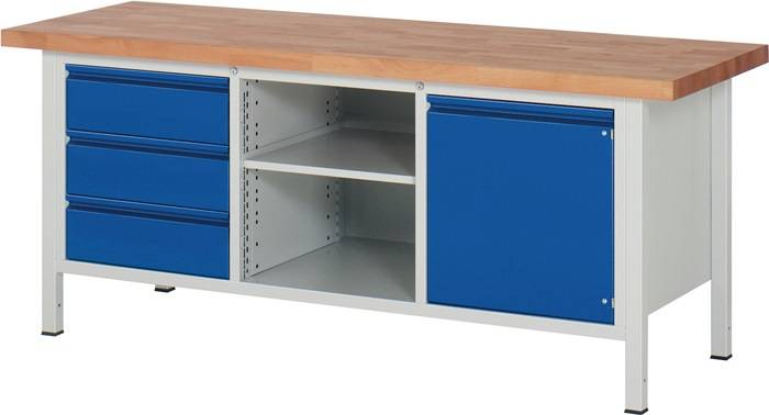 Werkbank Basic B2000xT700xH840-1040mm Buche lichtgrau/enzianblau 3Schubl.1TürRAU