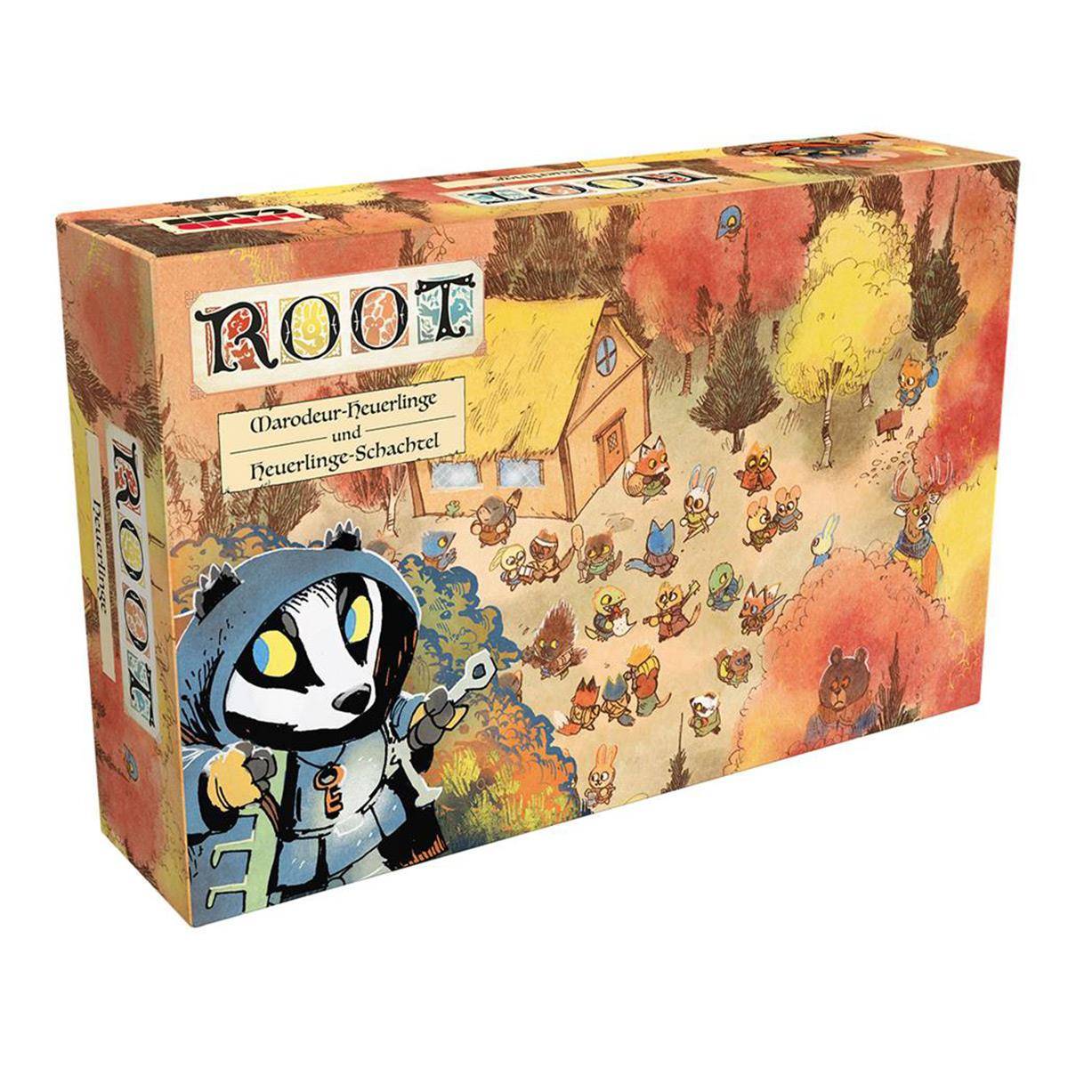 Ein ROOT-Brettspiel-Karton, der den Titel und illustrierte Waldtier-Fraktionen um eine Waldkarte herum zeigt, mit einer vermummten Figur auf der Vorderseite.
