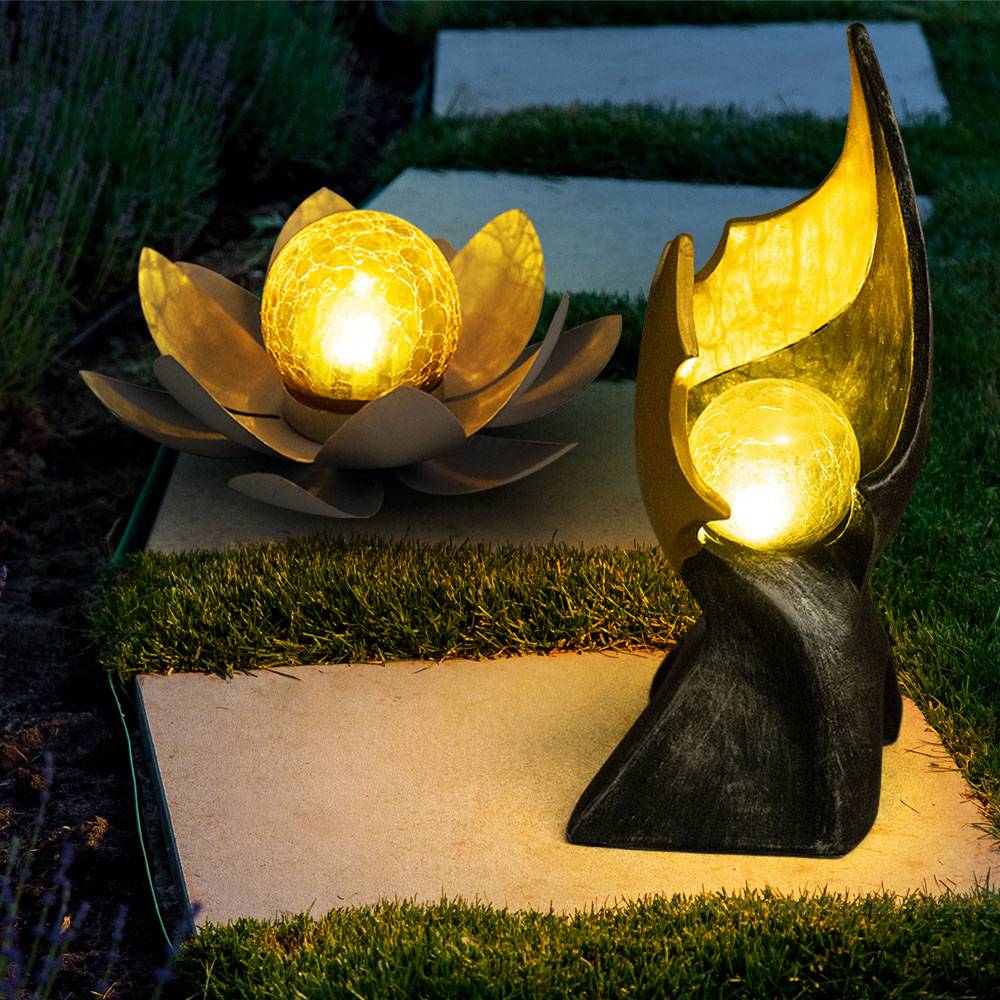 Solarleuchte Feuereffekt Flamme Außenleuchte Lotusblüte Solar Gartendeko Solarlampe, Bruchglas-Optik, LED warmweiß, 2er Set