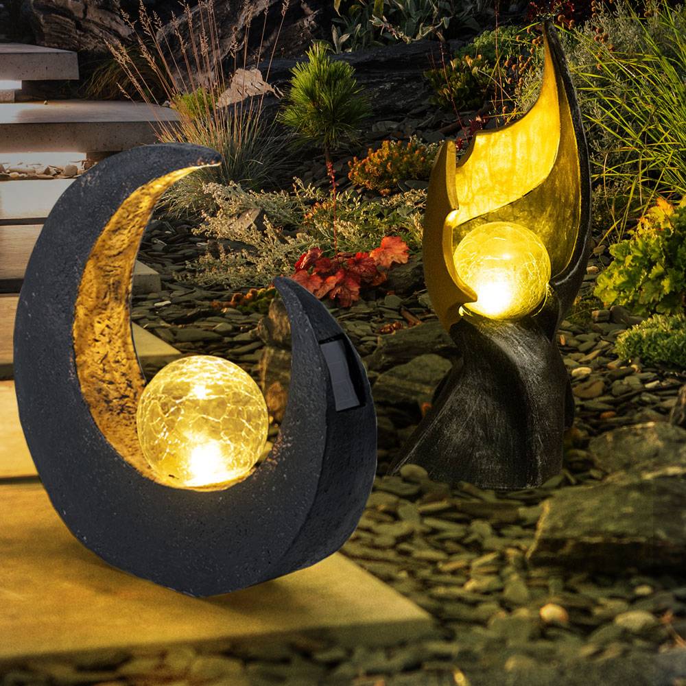 LED Solarleuchte Flamme Außenleuchte Flacker Effekt Solar Solarlampe Mond Gartenlampe, IP44, Crackle Glaskugel, 2er Set