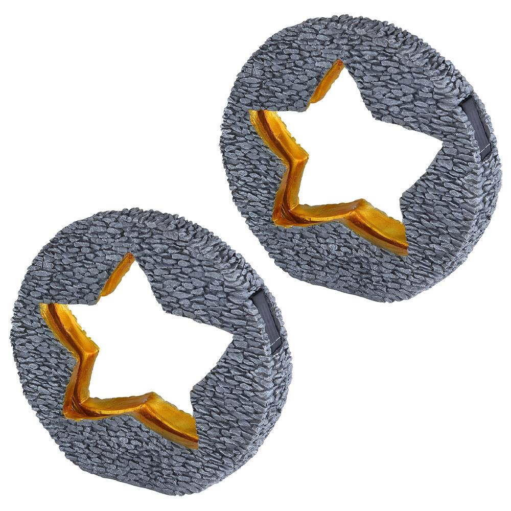 Solarleuchte Gartendeko für Außen Tischdeko Solarleuchte goldfarben Stein-Stern Optik, grau rund, LED warmweiß, LxH 31x29,5 cm, 2er Set