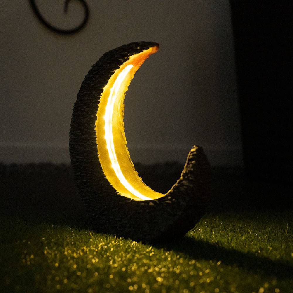 Gartendeko Solarlampen für Außen Tischdeko Gartentisch Garten Solarleuchte für Balkon, Mondsichel Stein Optik Grau Gold, LED warmweiß, LxH 28 x 31