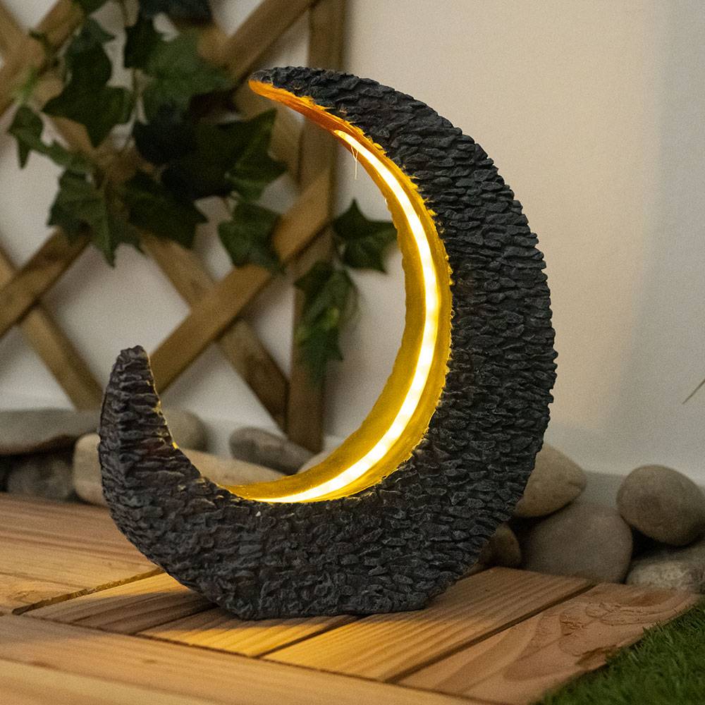 Gartendeko Solarlampen für Außen Tischdeko Gartentisch Garten Solarleuchte für Balkon, Mondsichel Stein Optik Grau Gold, LED warmweiß, LxH 28 x 31