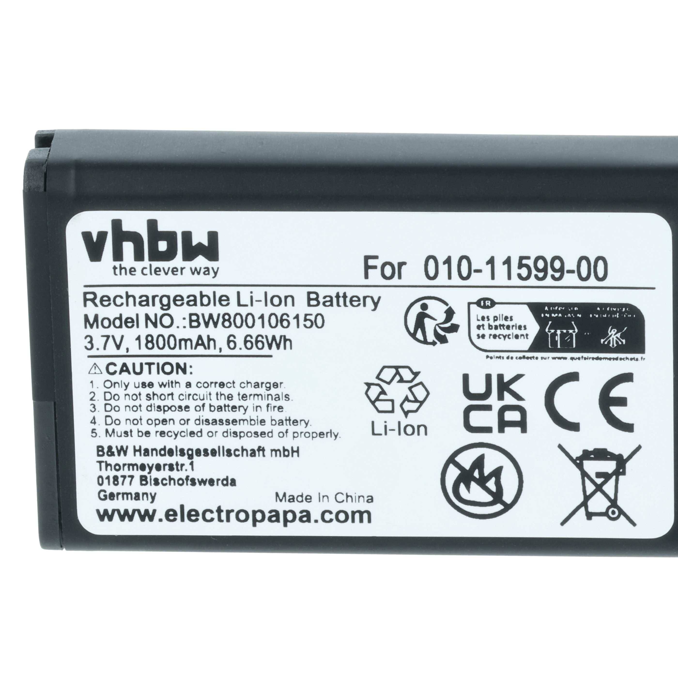 vhbw Wiederaufladbare Li-Ionen-Batterie, Modellnummer: BW80001650, 3,7V, 1800mAh, 6,66Wh. Symbole und Sicherheitswarnungen vorhanden.