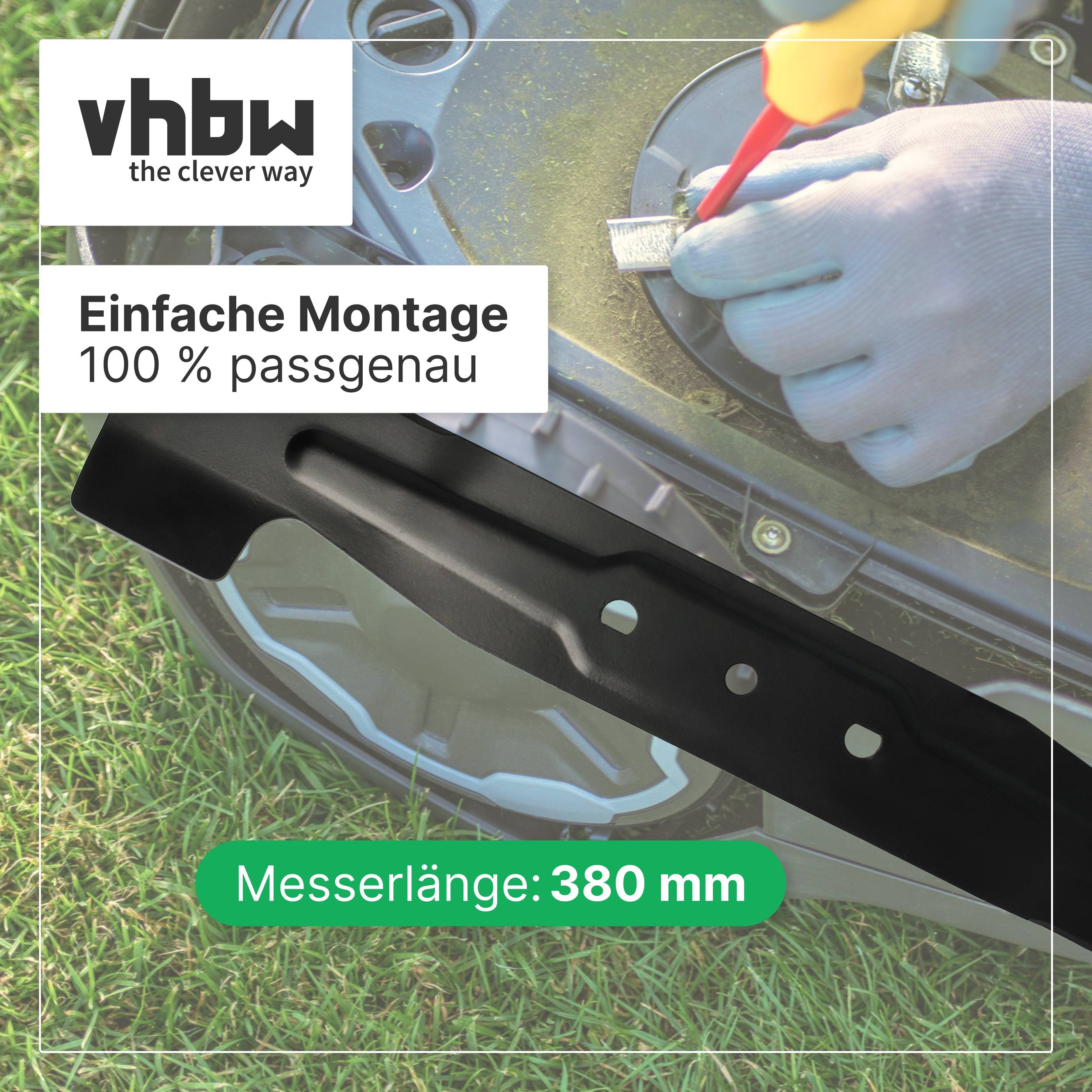 vbhw Rasenmähermesser-Schutzblech wird installiert, gekennzeichnet mit „Einfache Montage 100 % passgenau