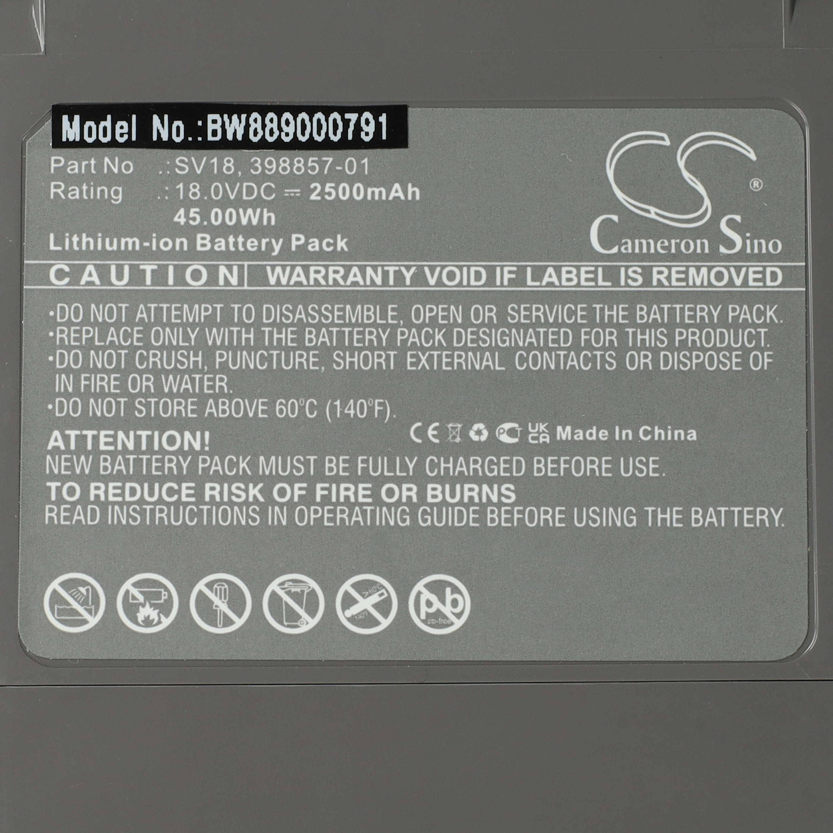 Das Bild zeigt eine Batteriepackungsetikette mit der Modellnummer BW889000791, Spannung 18V, Kapazität 2500mAh, 45,00Wh. Sie enthält Warnhinweise zum Zerlegen, Durchstechen sowie zur Exposition gegenüber Feuer oder Wasser sowie Sicherheitssymbole.