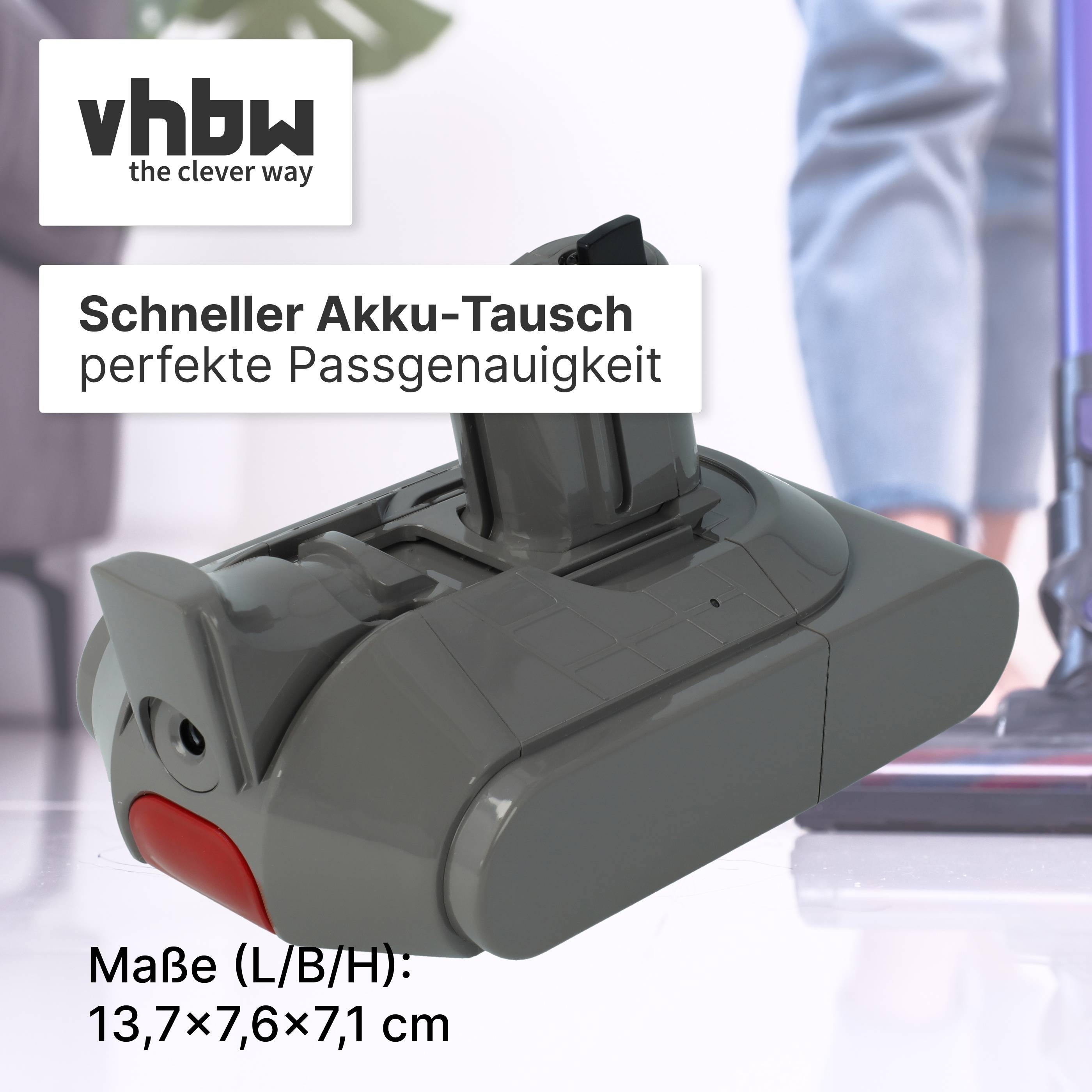 vhbw Batteriepack mit deutschem Text „Schneller Akku-Tausch, perfekte Passgenauigkeit" und Größe „Maße (L/B/H): 13,7×7,6×7,1 cm"" auf einem Produktbild gezeigt