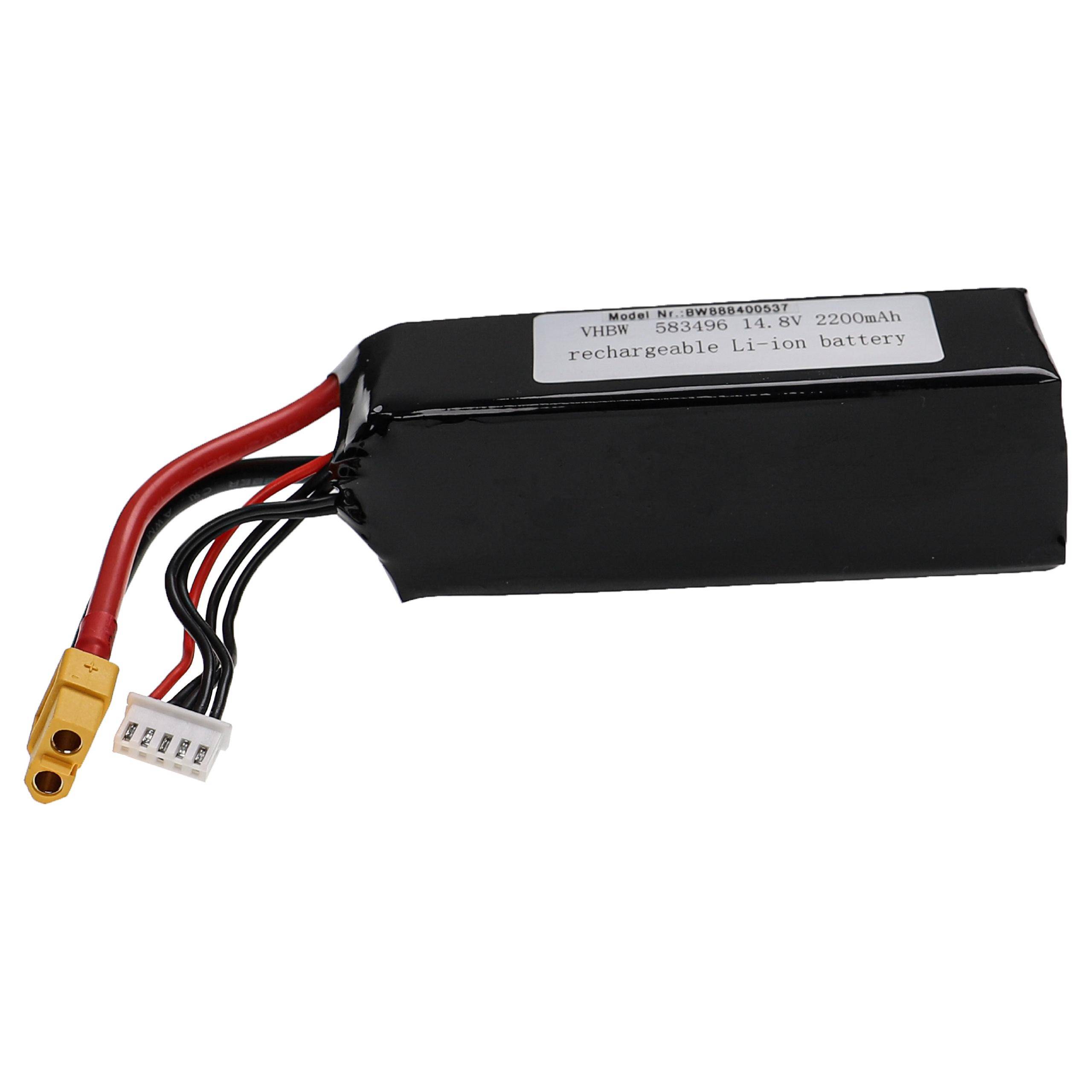 Schwarzes wiederaufladbares Li-Ionen-Akkupack mit roten und schwarzen Kabeln, gelbem Stecker und weißem Anschluss auf neutralem Hintergrund.