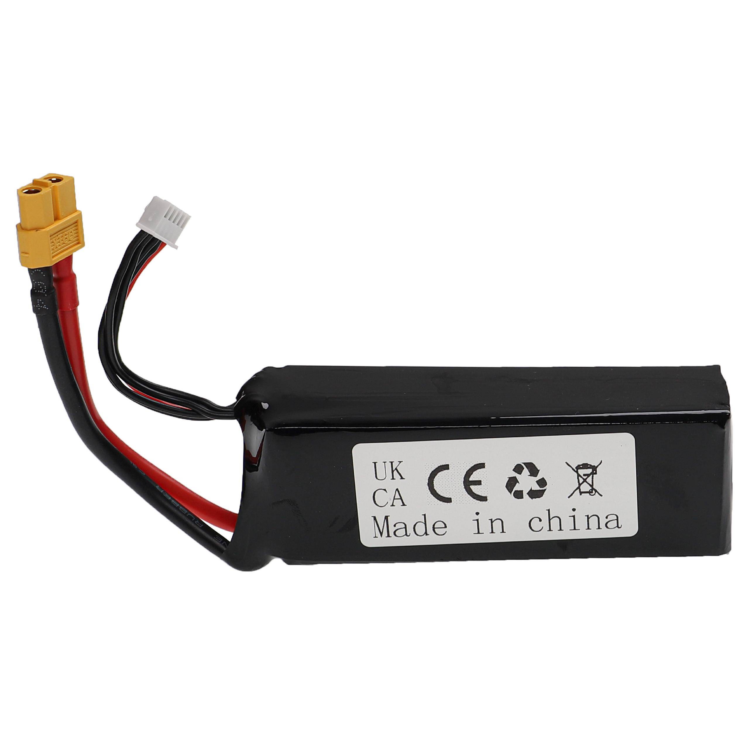 Schwarzes wiederaufladbares Batteriepaket mit gelben und weißen Anschlüssen, beschriftet mit "UK CA"", ""CE"" und ""Made in china"".