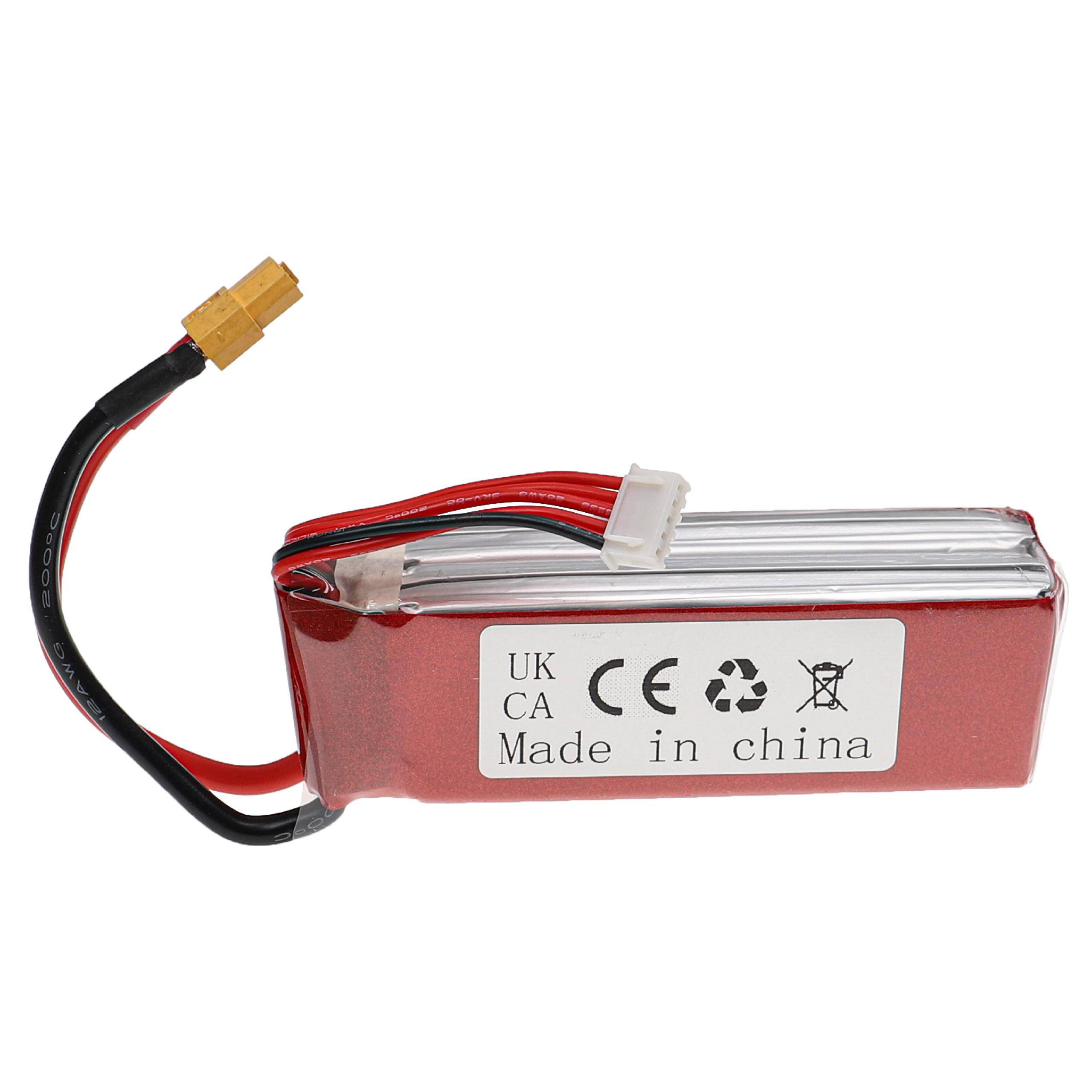 Rechteckige Lithium-Polymer-Batterie mit rotem Schrumpfschlauch, angebrachten roten und schwarzen Drähten und einem gelben Stecker auf weißem Hintergrund.