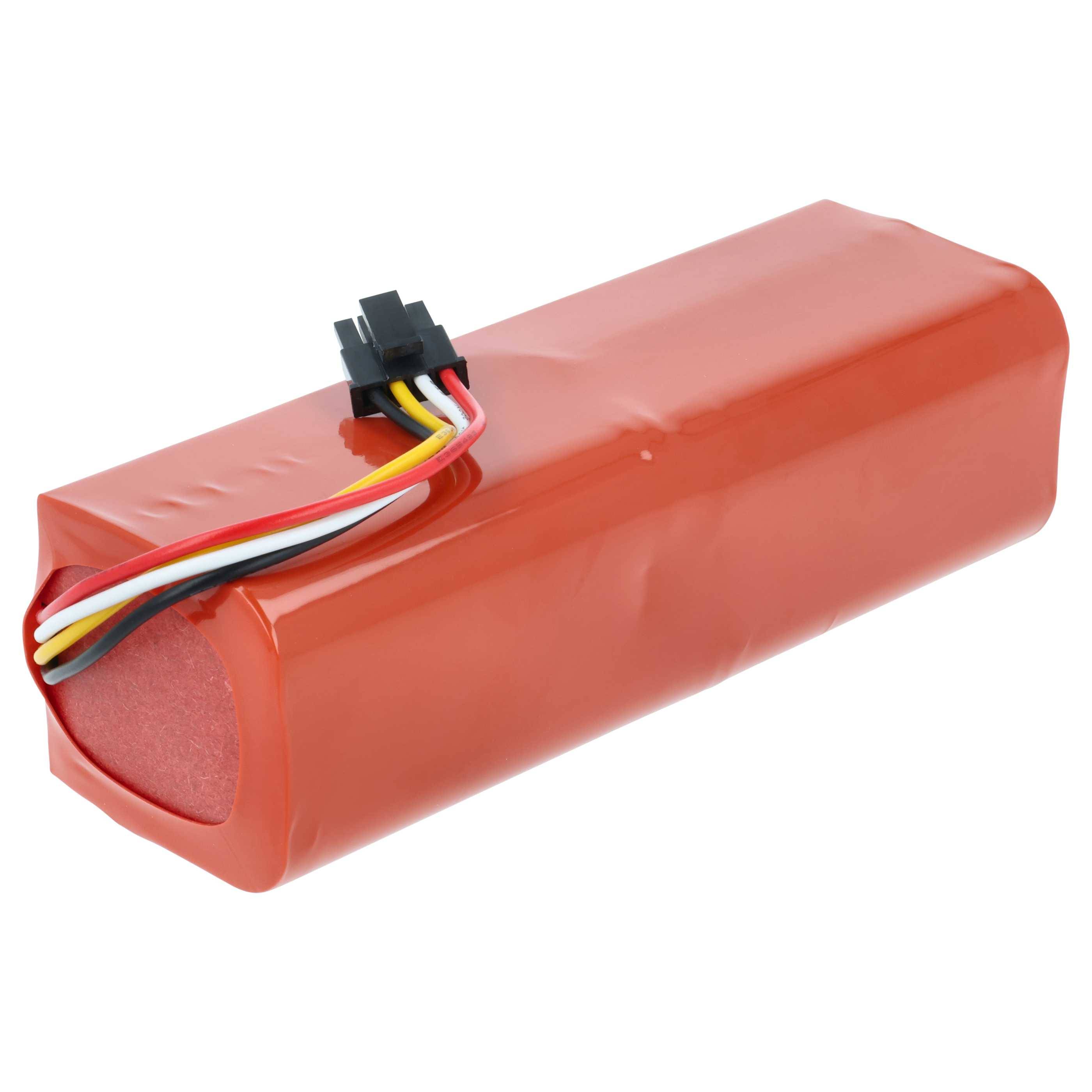 Ein roter zylindrischer Akkupack mit angeschlossenen mehrfarbigen Kabeln und einem schwarzen Anschluss, verwendet für elektronische Geräte oder Werkzeuge.