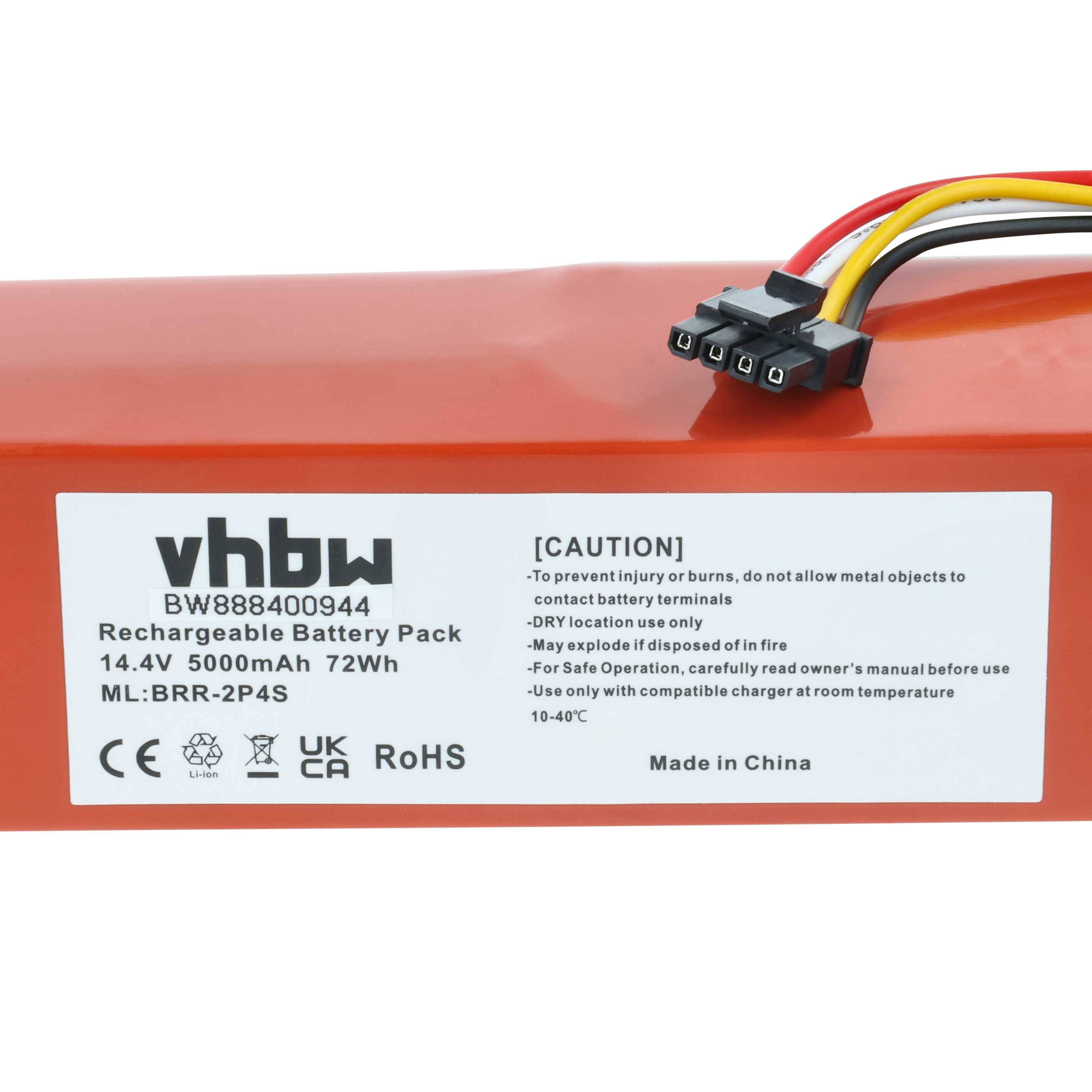 vhbw Akku-Batterie-Pack, Modell BW88840944, 14,4V 5000mAh 72Wh. Vorsicht: Feuer verhindern, Kontakt mit Metallgegenständen vermeiden.