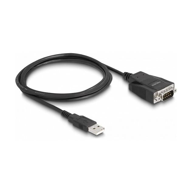 Schwarzes USB-zu-Seriell-Adapterkabel mit USB-A-Stecker auf der einen Seite und DB9-Stecker auf der anderen Seite.