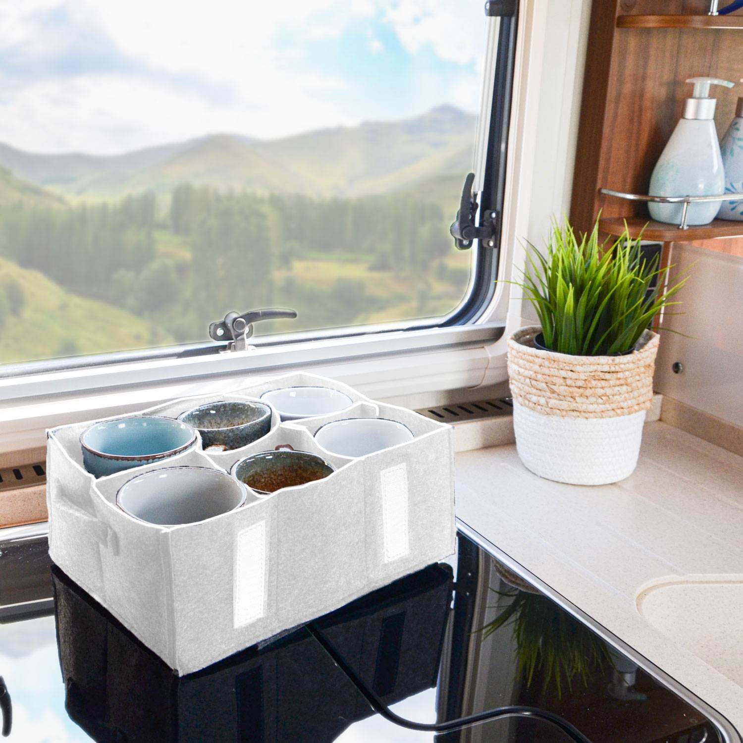 Filz Tassenhalter Camping - 28x21 Glashalter - Wohnmobil Geschirr Aufbewahrung