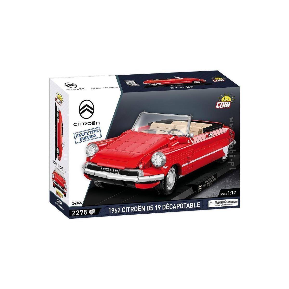 Schachtel für einen COBI-Konstruktionssatz eines Citroën DS 19 Décapotable von 1962, mit einem Bild eines roten Cabriolett-Modells auf der Vorderseite.