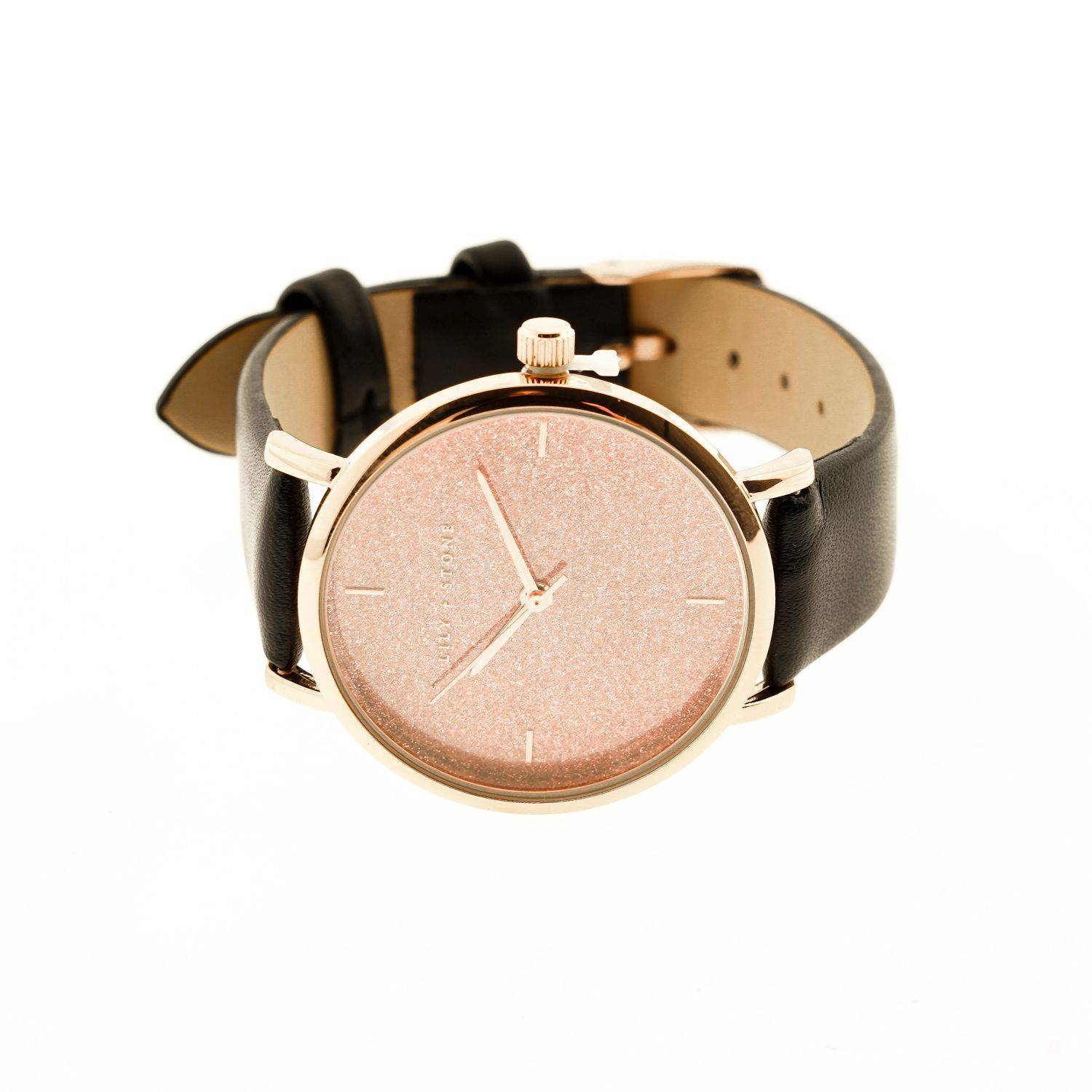 Lily + Stone Armbanduhr, rosanes Zifferblatt, schwarze Schnalle, Armband Schwarz-Gold