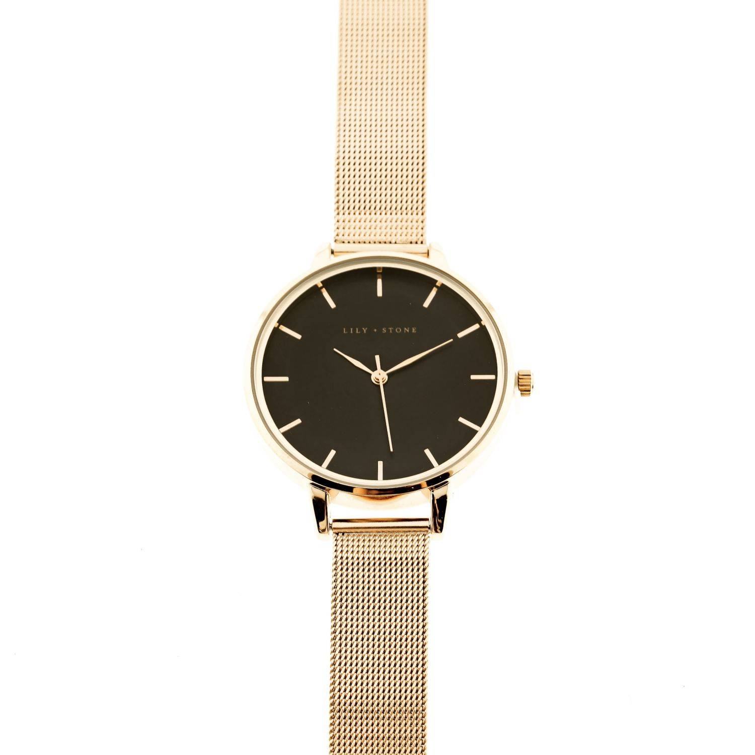 Lily + Stone Armbanduhr, schwarzes Zifferblatt, schwarze Schnalle, Armband Gold