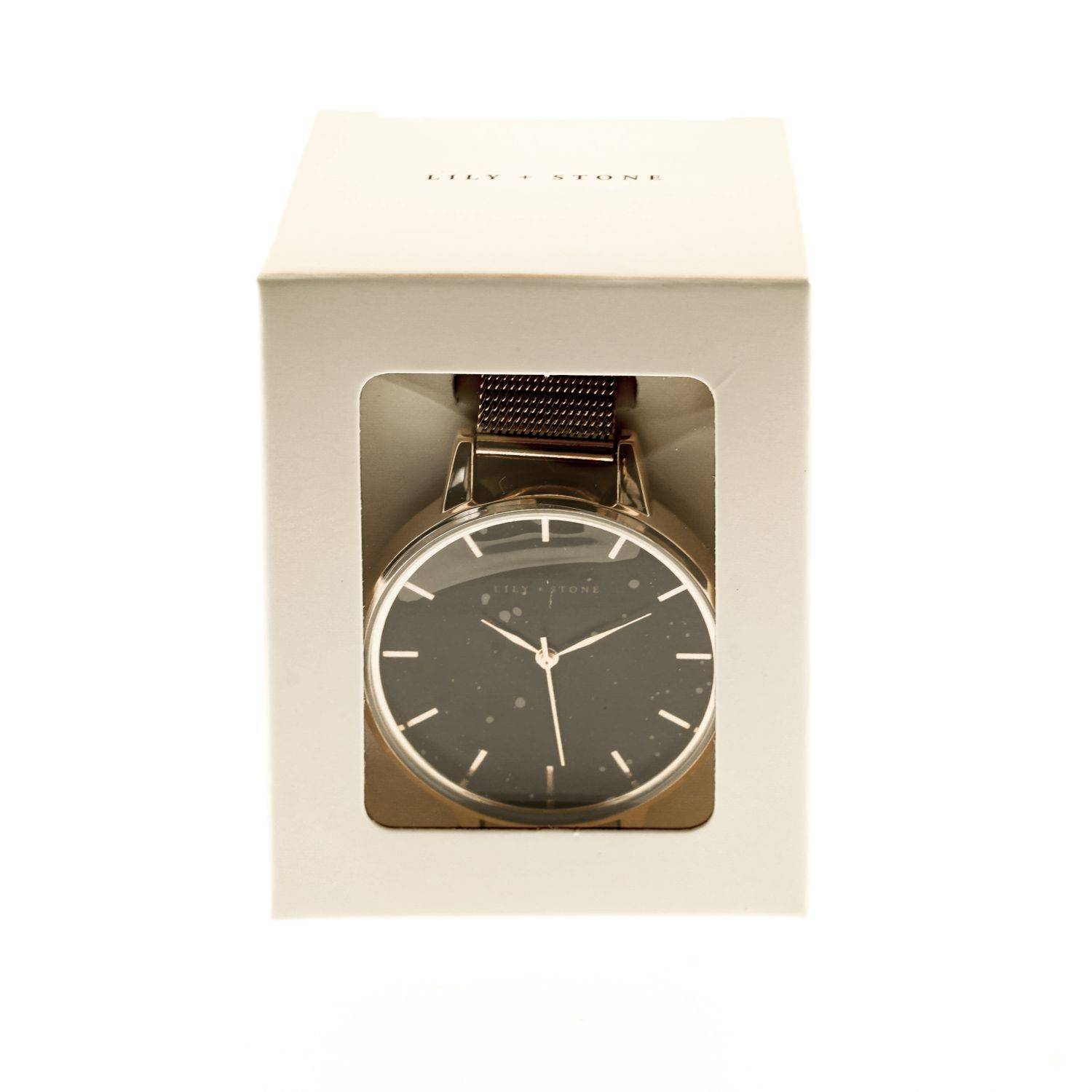 Lily + Stone Armbanduhr, schwarzes Zifferblatt, schwarze Schnalle, Armband Gold