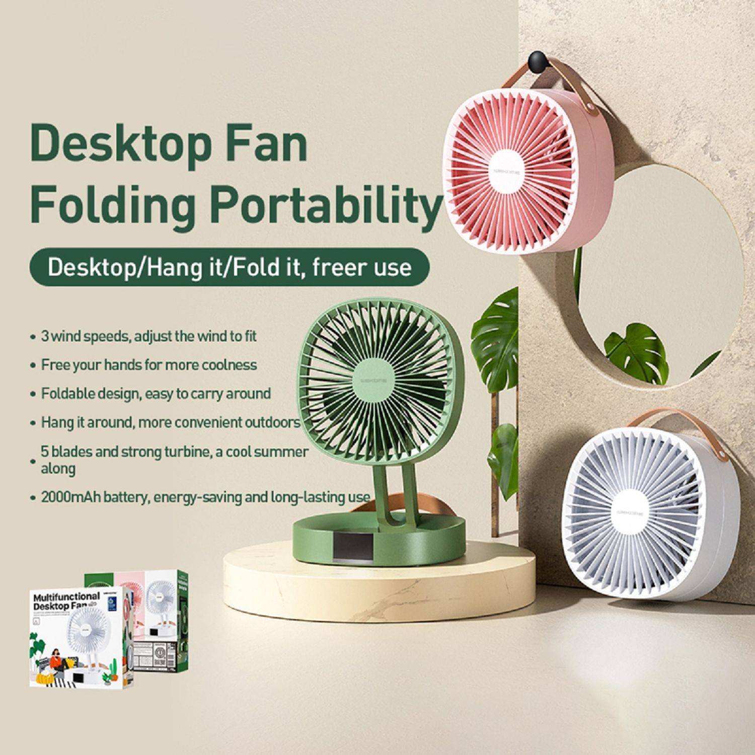 Kabelloser WT-F23 Tischventilator tragbarer Handventilator 2000mAh Weiß