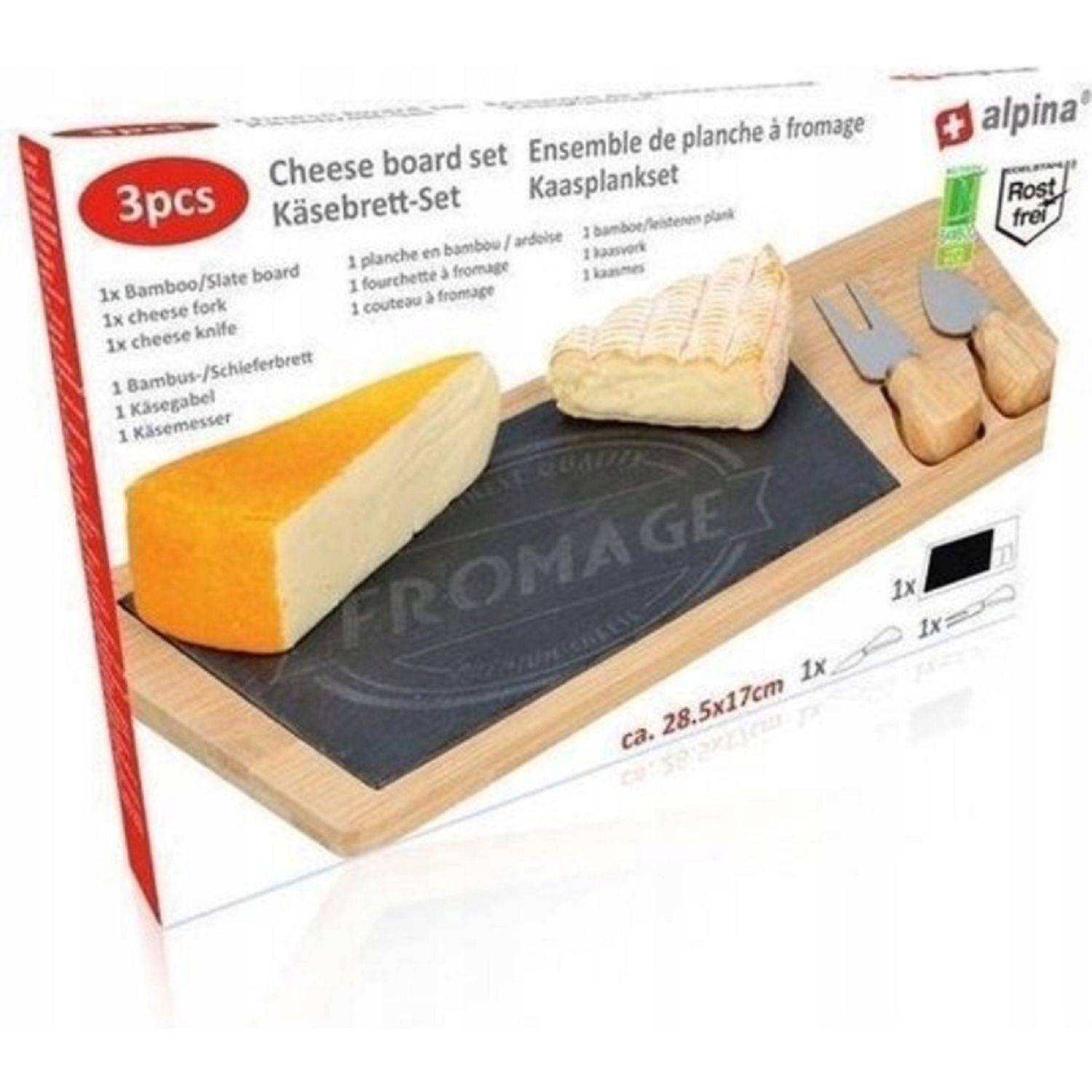 Alpina - Käseservierset - Käsebrett + Messer und Gabel 28,5 x 17 cm aus Bambus und Schiefer
