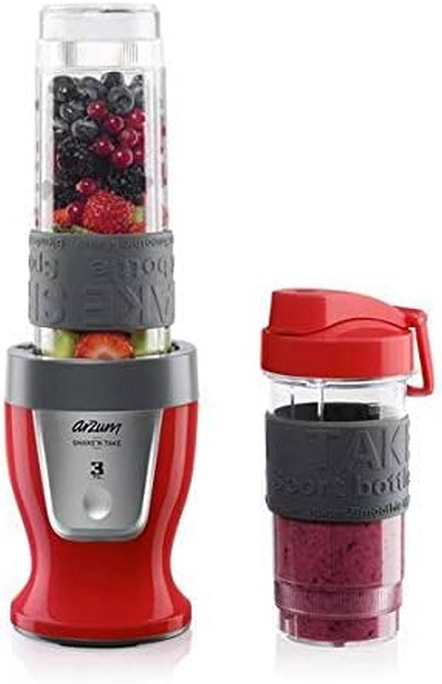 Arzum AR1032 Shake'N Take Personal Blender, BPA-frei, Tropfschutz-Trinkklappe, 570 ml und 400ml Rot