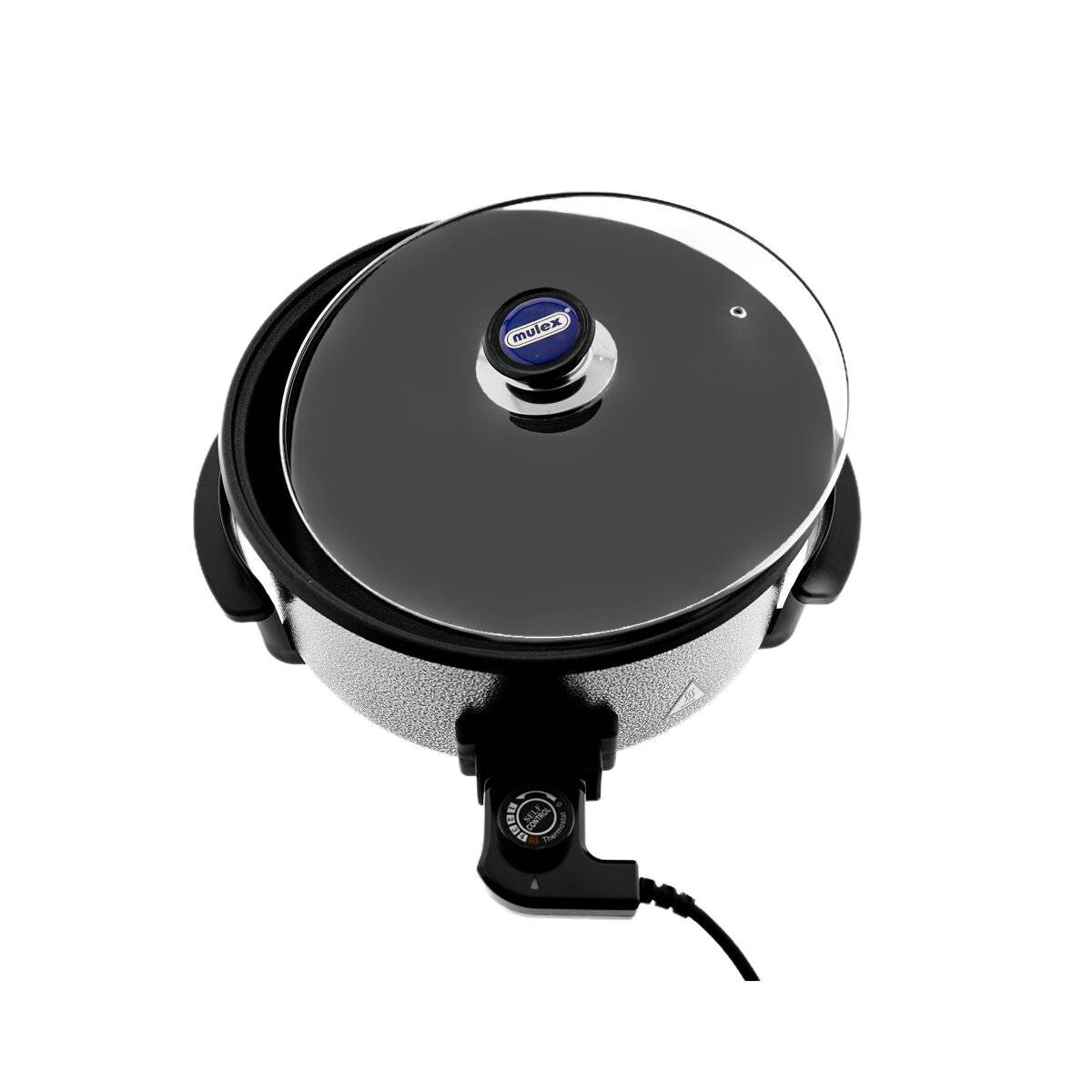 Eine runde elektrische Pfanne mit einem Glasdeckel und schwarzem Griff, ausgestattet mit einem Temperaturregler.