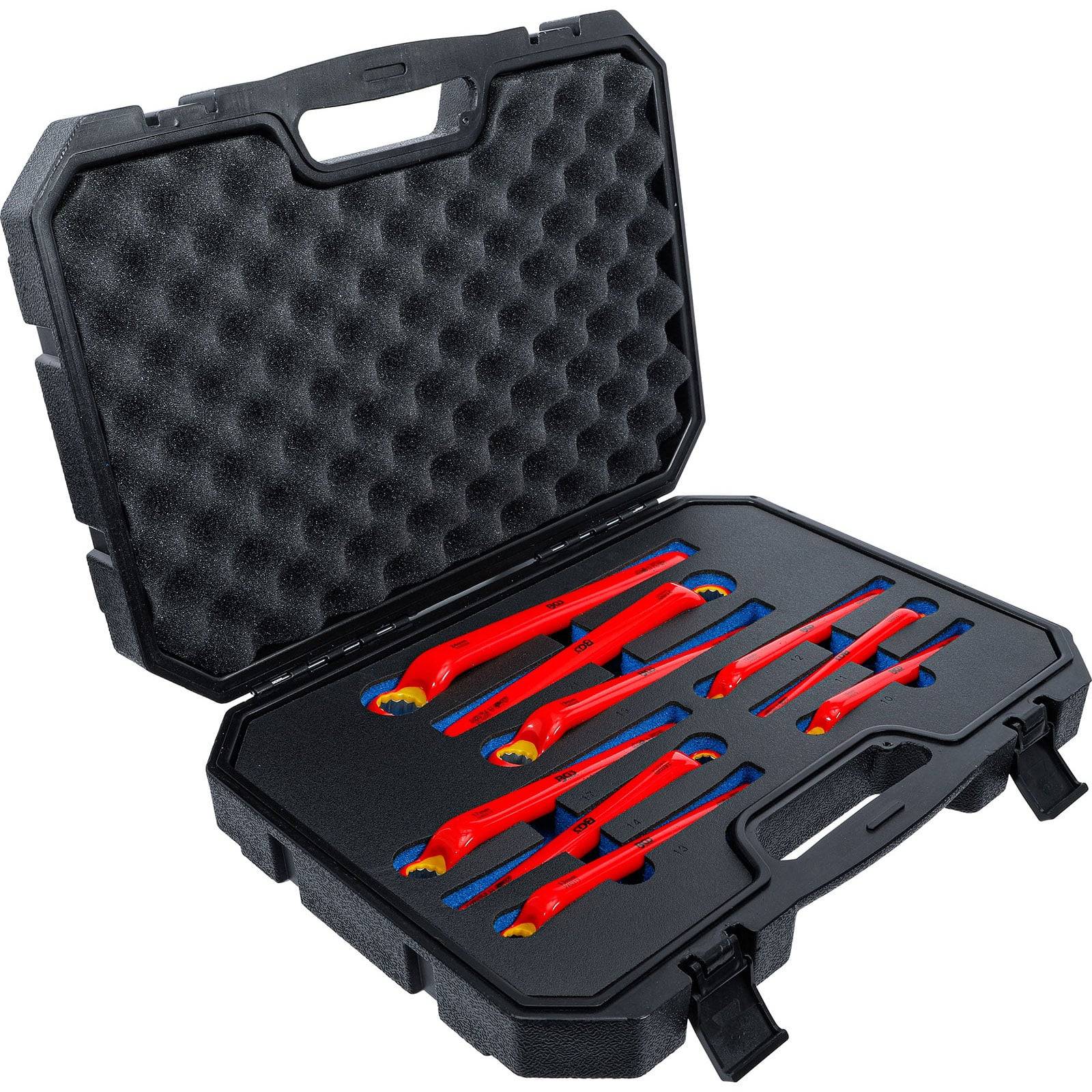 Schwarzer, mit Schaumstoff ausgeschlagener Koffer enthält einen roten Schraubenschlüsselsatz mit ergonomischen Griffen, blauen Kunststoffakzenten, organisiert in maßgefertigten Einschüben.
