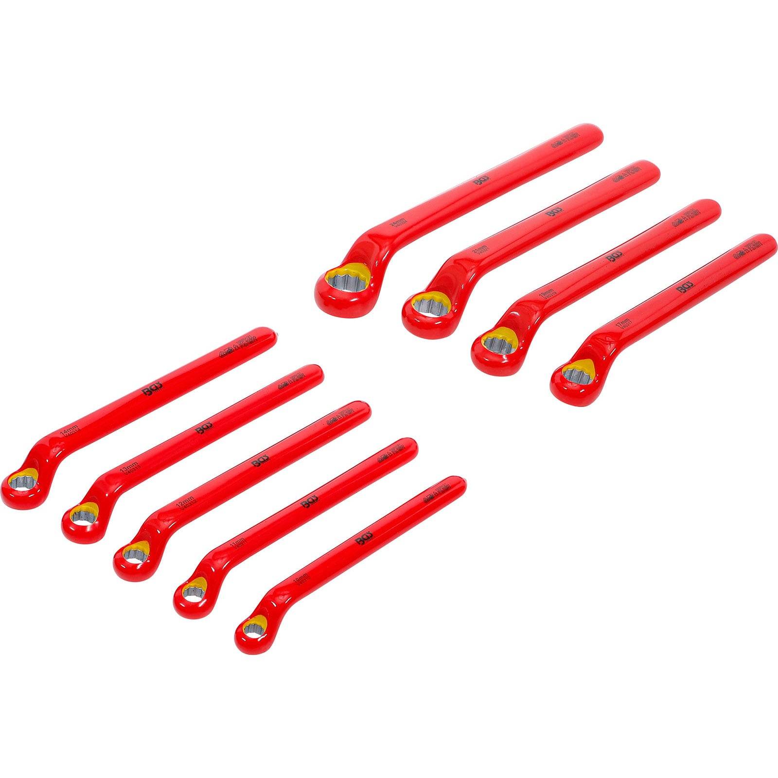 Ein Satz von neun roten, isolierten Ringschlüsseln, in zwei Reihen angeordnet, die von links nach rechts allmählich in der Größe zunehmen.