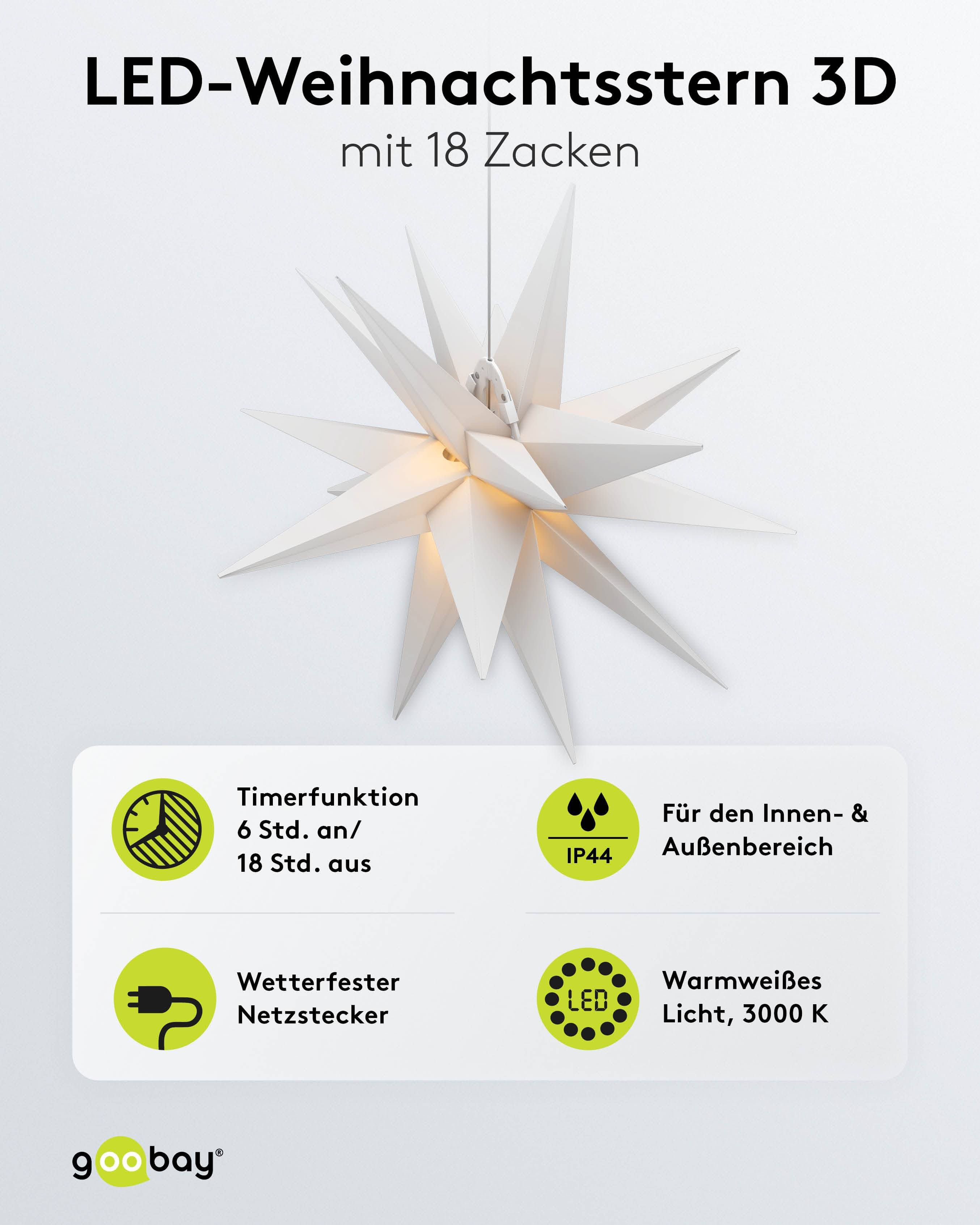 GOOBAY LED-Stern, 18 Zacken, 56cm, Outdoor, Timerfunktion, mit Netzteil