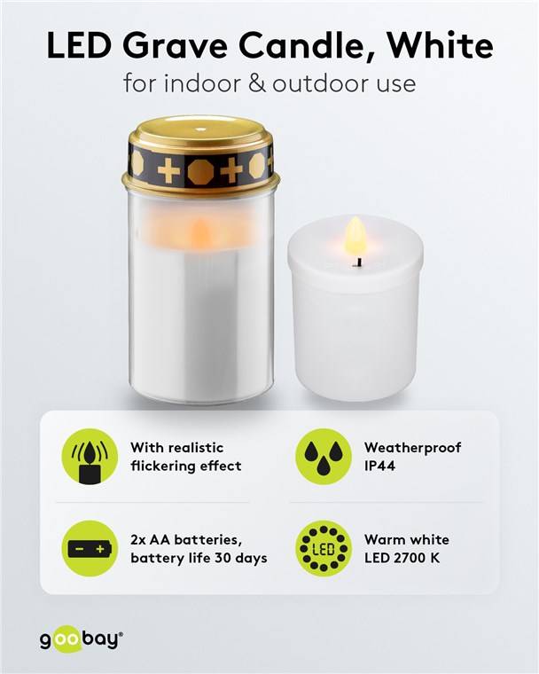 LED-Grablicht, weiß - mit realistischem Flackereffekt, warmweiß 2700 K, batteriebetrieben 2x AA, für den Innen- und Auße