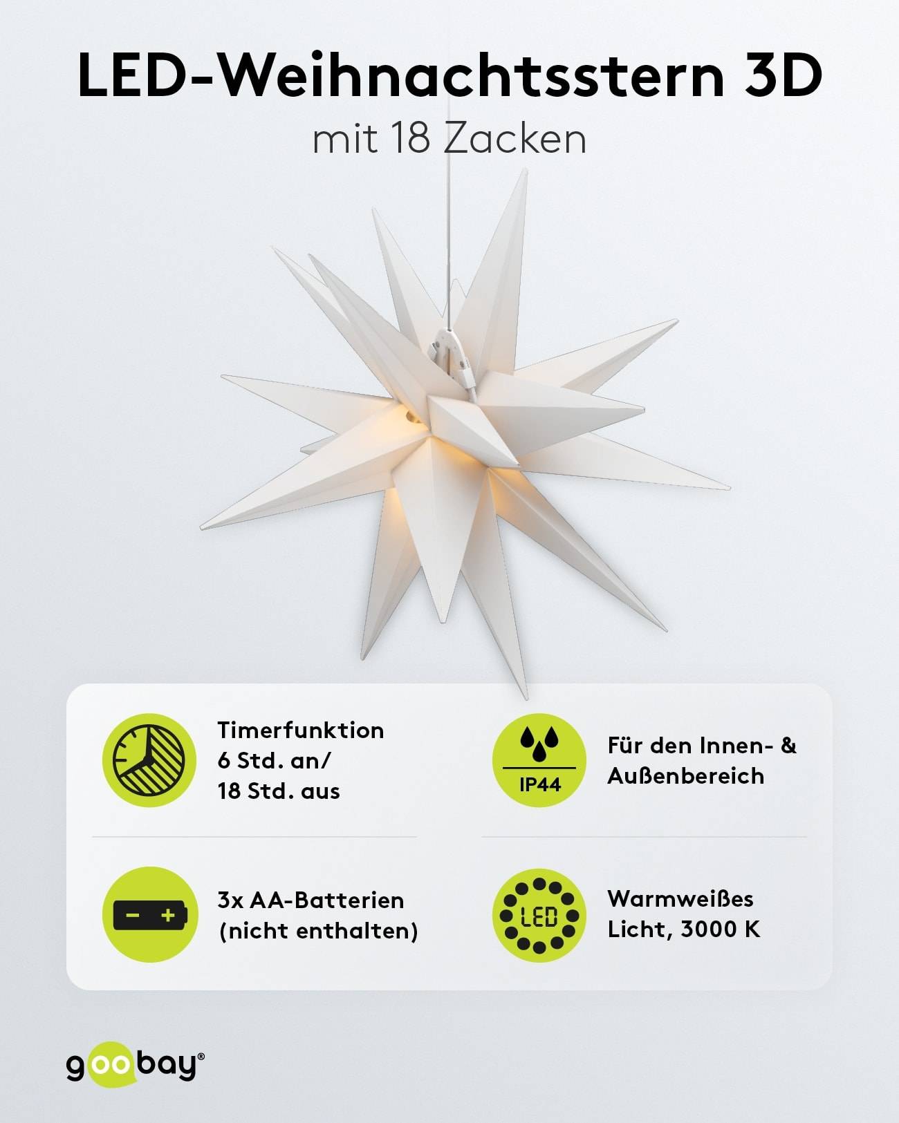 GOOBAY LED-Stern, 18 Zacken, 56cm, Outdoor, Timerfunktion, Batteriebetrieben