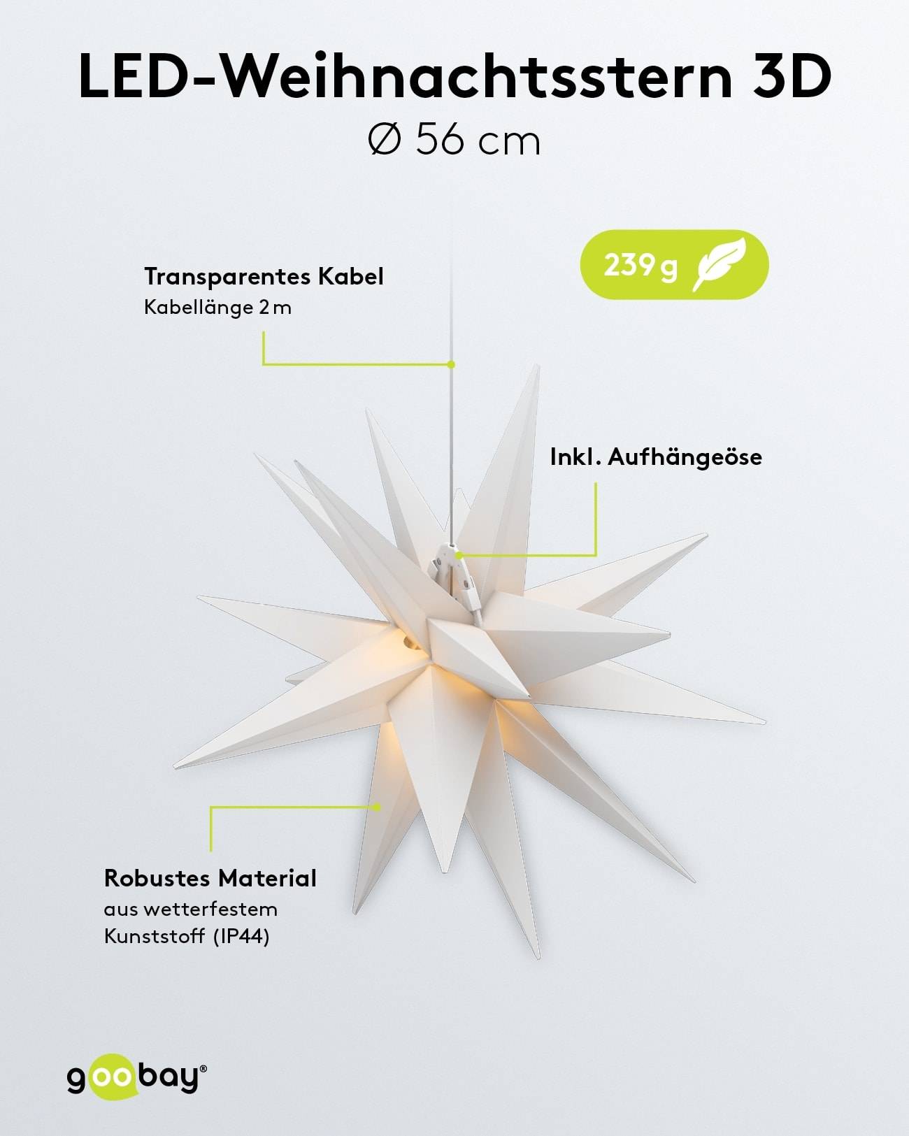 GOOBAY LED-Stern, 18 Zacken, 56cm, Outdoor, Timerfunktion, Batteriebetrieben