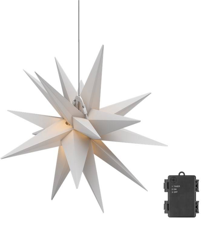 Weiße hängende Starburst-Papierlaterne mit einem kleinen schwarzen Timer-Schalter daneben auf weißem Hintergrund.