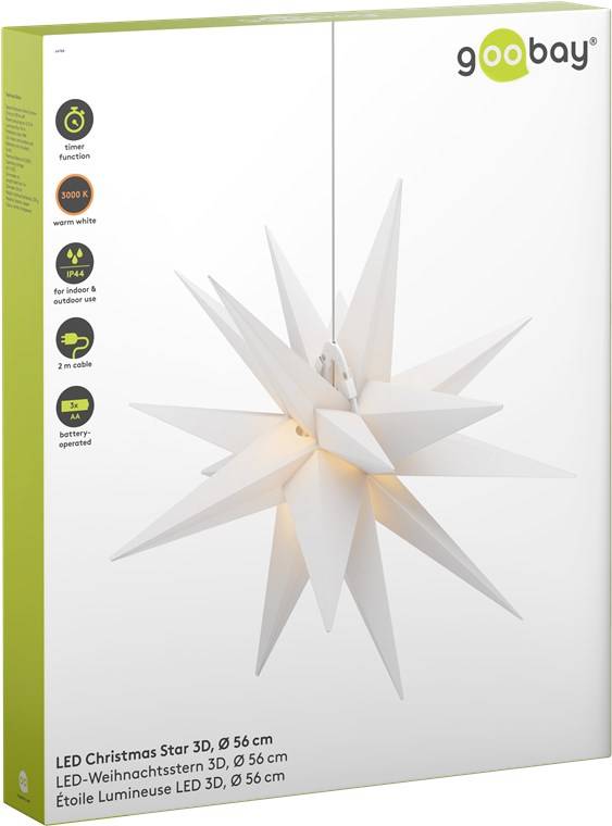 Goobay LED-Weihnachtsstern 3D-Hängeleuchte, weiß, 56 cm, für Innen- und Außenbereich; auf der Verpackung sind Hauptmerkmale und Batteriebetrieb abgebildet.