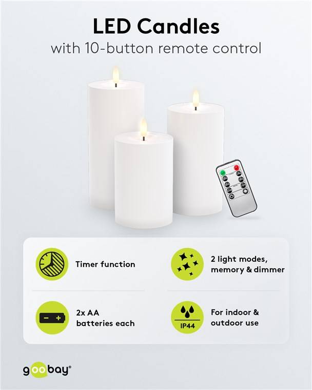 Goobay 3er-Set LED-Kerzen "Outdoor" - LED-Beleuchtung mit Fernbedienung, für den Innen- und Außenbereich (IP44), warmwei