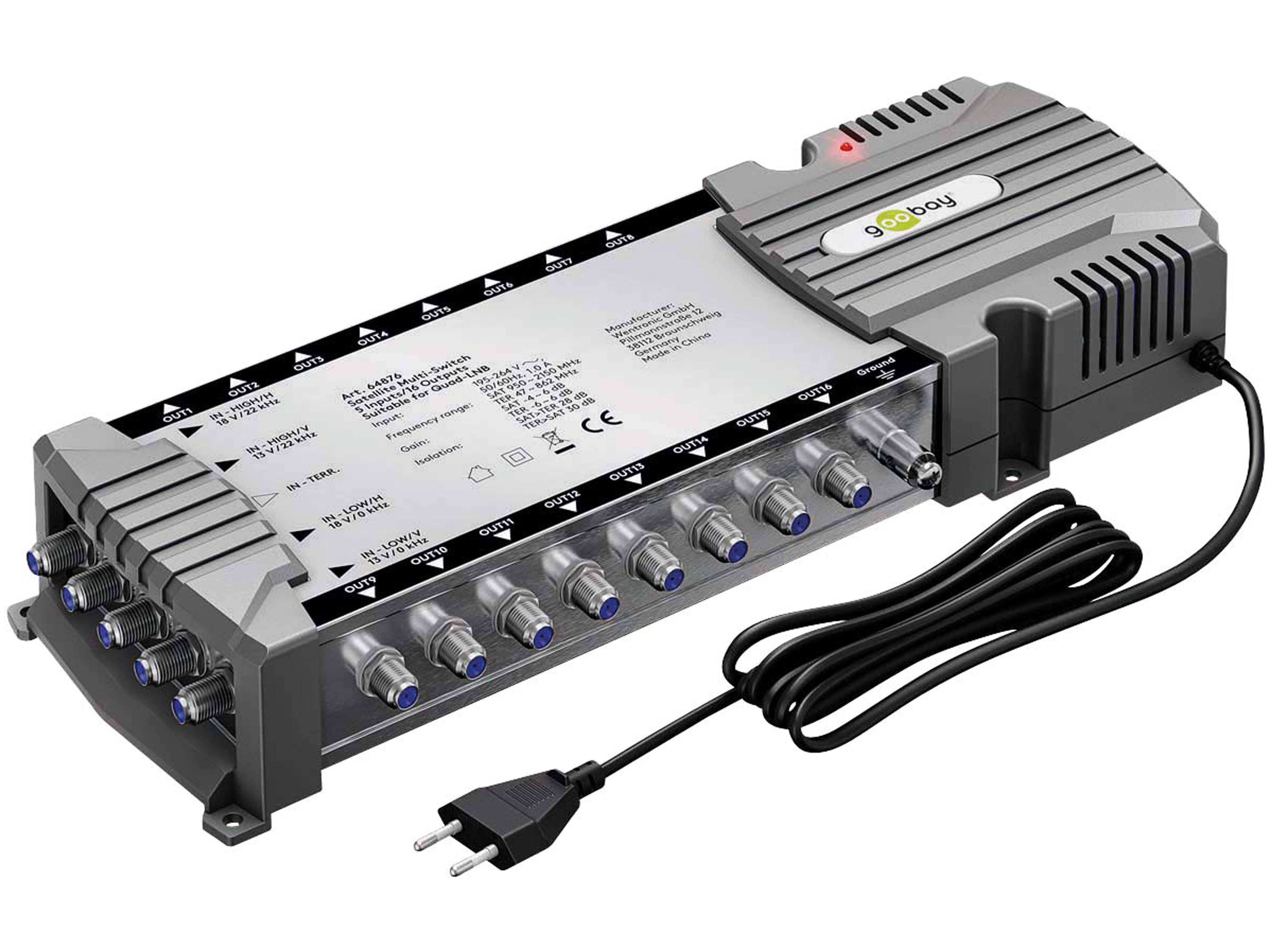 Ein silber-schwarzes elektronisches Gerät mit mehreren koaxialen Eingängen und einem Stromkabel, das zur Verteilung von Satellitensignalen verwendet wird.