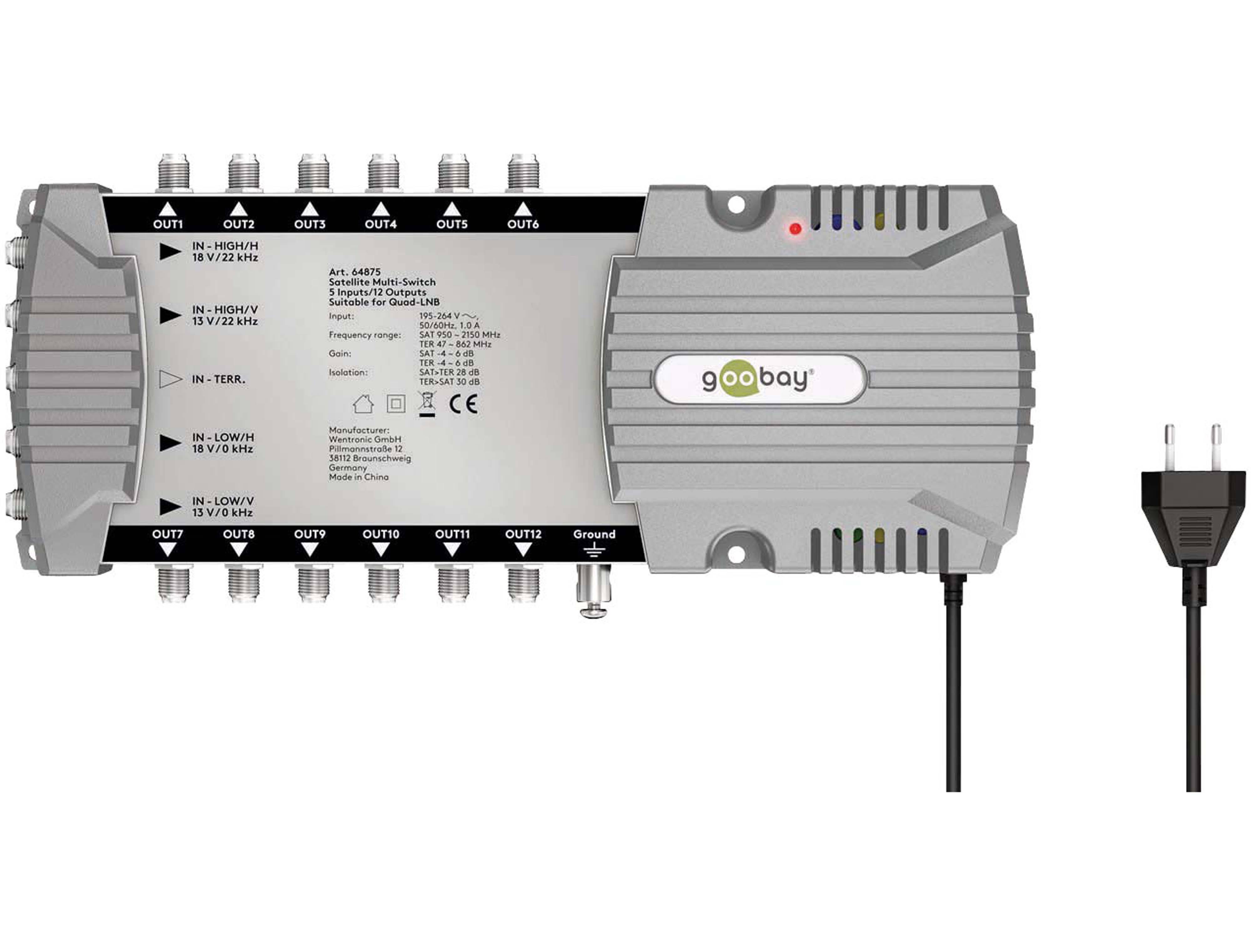 Goobay Multiswitch-Gerät mit mehreren Eingangs-/Ausgangsbuchsen für Satelliten- und TV-Signale. Kompaktes Gehäuse in Grau mit angeschlossenem Netzkabel.