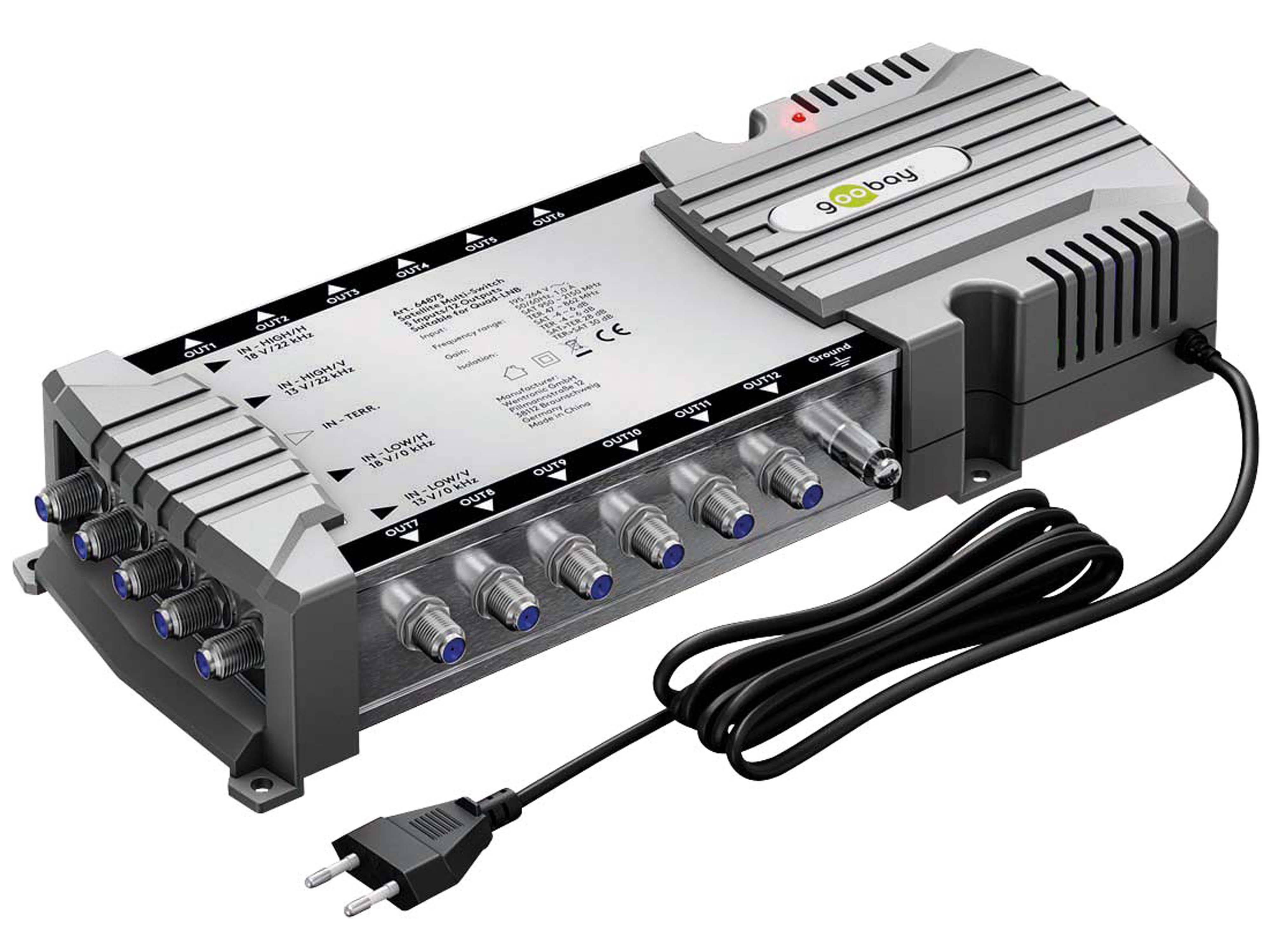 Ein silberner Multischalter mit der Bezeichnung 'Goobay' mit acht Koaxialanschlüssen und einem Netzkabel, der zur Verteilung von Satellitensignalen verwendet wird.