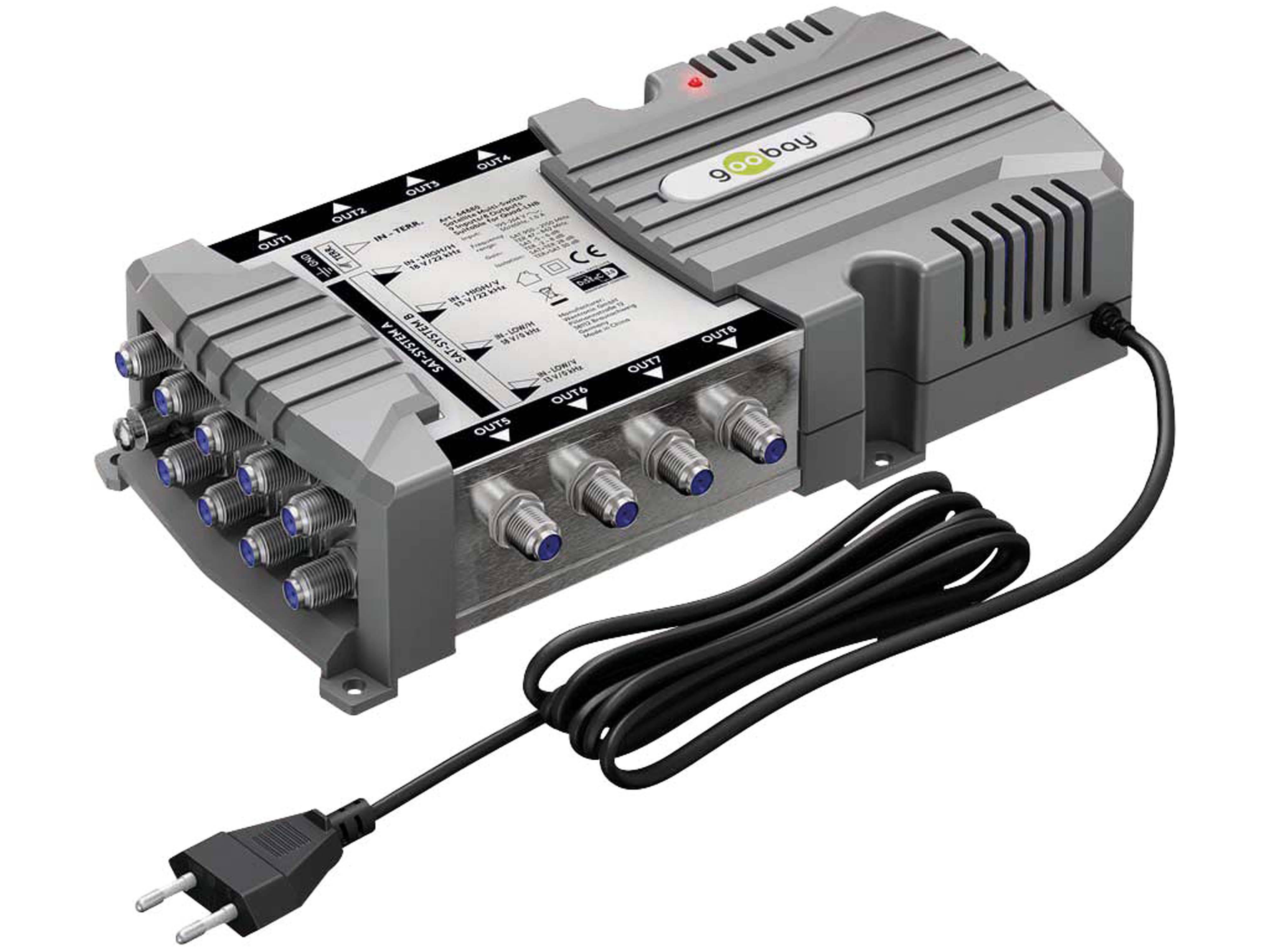 Ein graues elektronisches Gerät mit Koaxialsteckverbindern und einem schwarzen Stromkabel, wahrscheinlich ein Satellitenempfänger oder Signalverteiler.