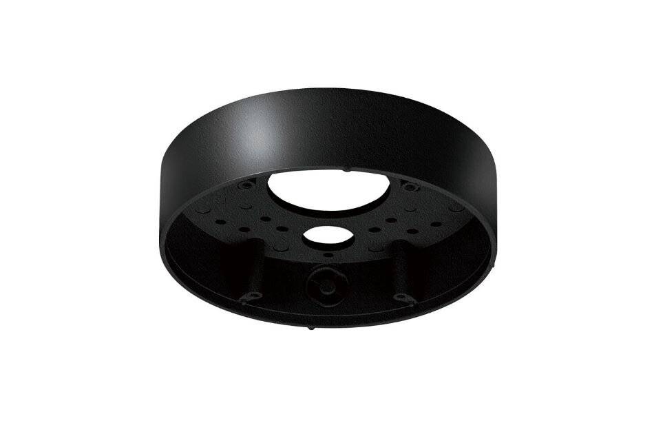 Schwarzes zylindrisches Deckenleuchtengehäuse mit perforierter Innenplatte, dargestellt vor weißem Hintergrund.