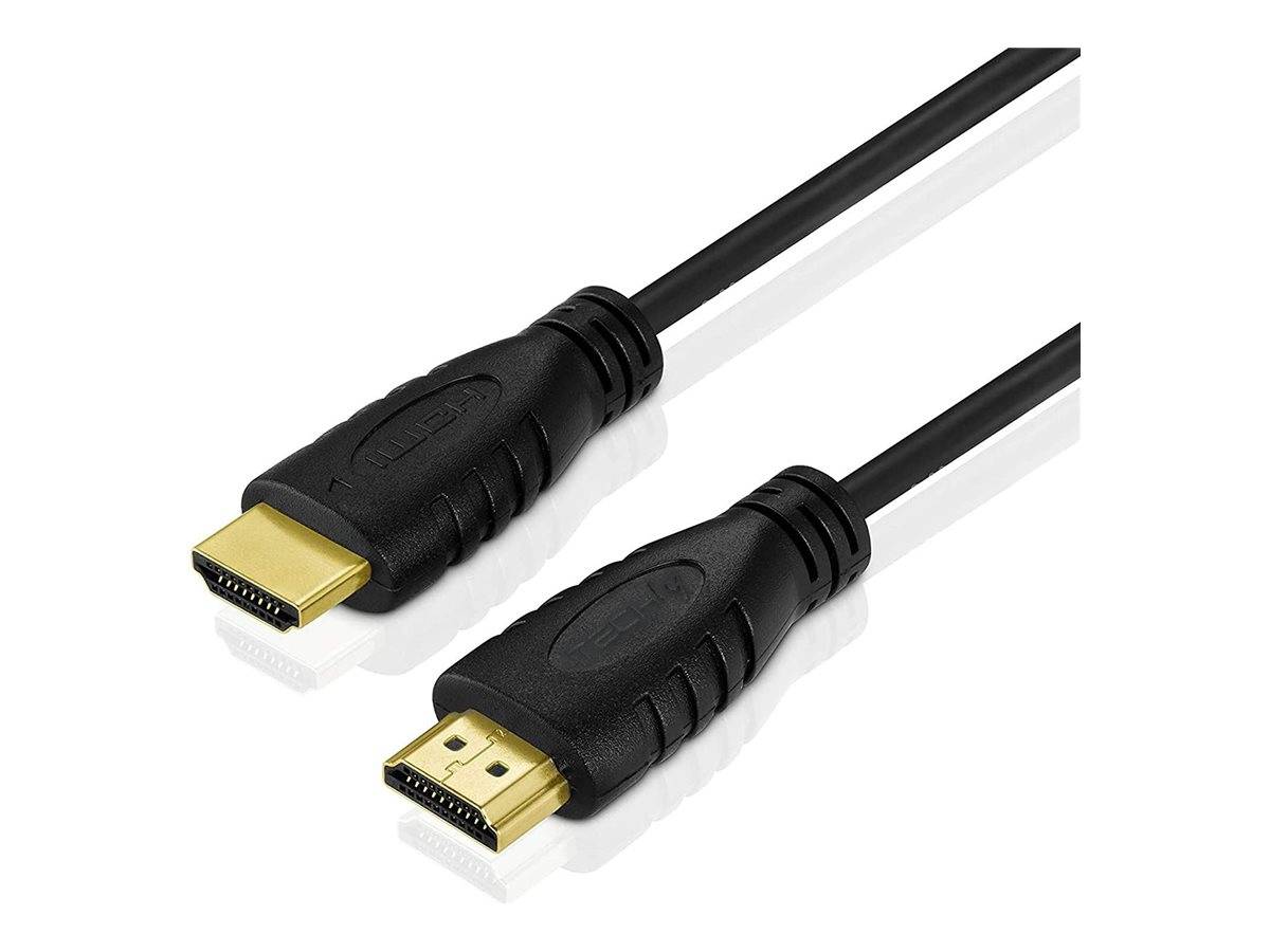 Zwei HDMI-Kabelstecker in Nahaufnahme auf weißem Hintergrund, mit schwarzen und vergoldeten Anschlüssen.