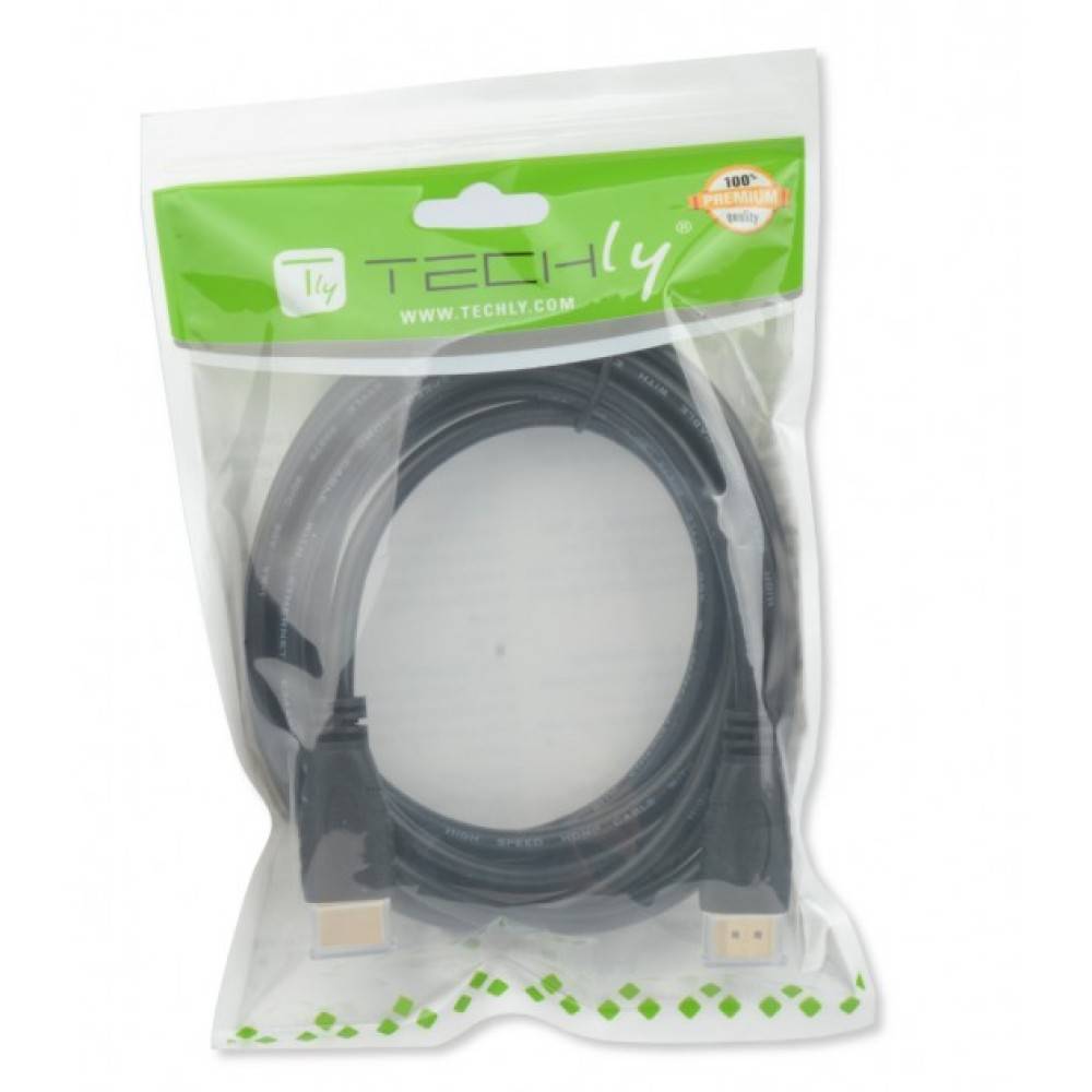 In durchsichtiger Kunststofftasche verpacktes schwarzes HDMI-Kabel mit grünem Techly-Branding.