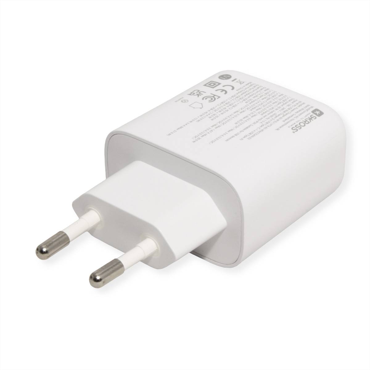 Ein weißes Mobiltelefonladegerät mit zwei Eurosteckerprongs wird von der Seite gezeigt und zeigt Text auf der Oberseite, in dem die Spezifikationen aufgeführt sind.